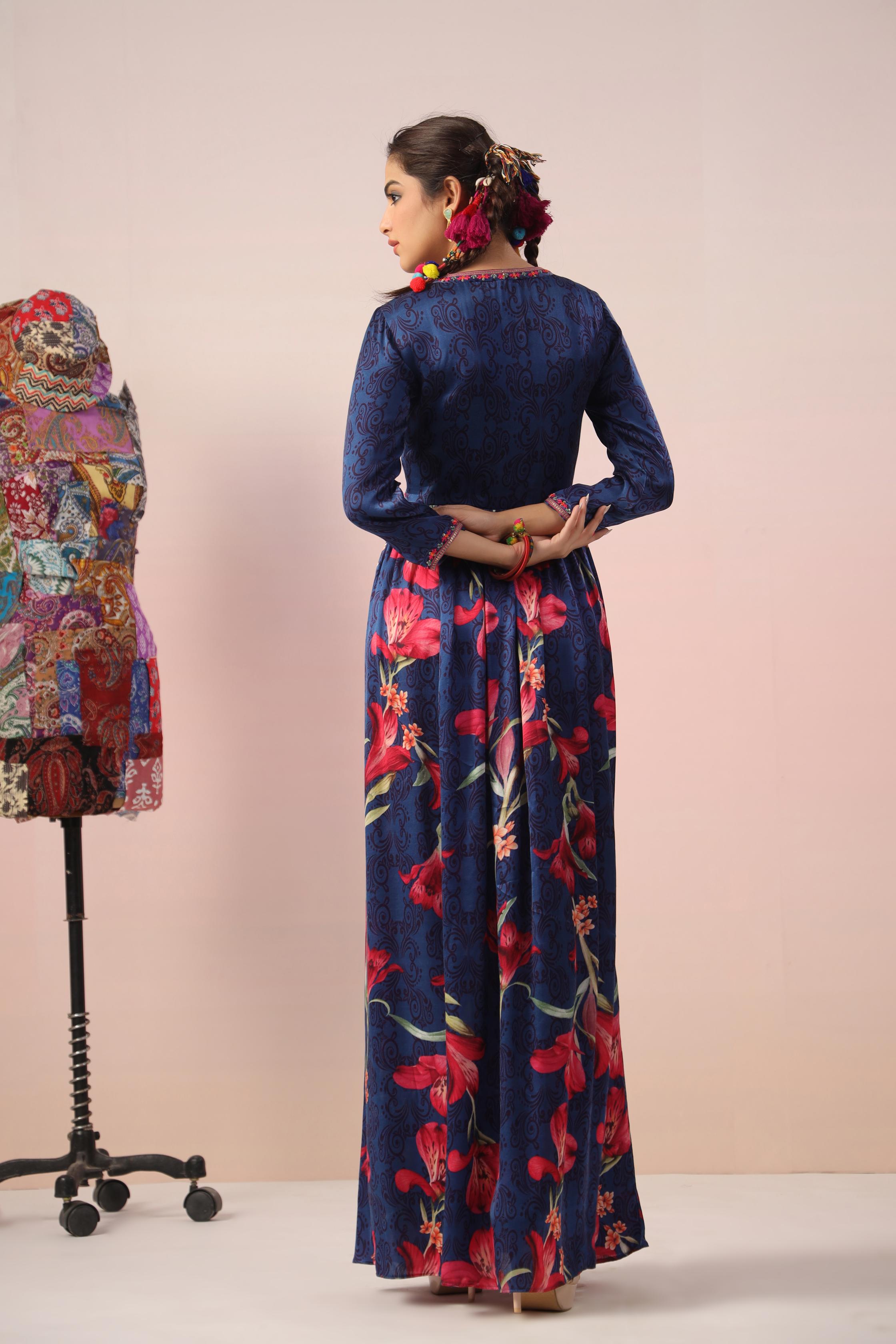 Blue Floral Printed Bamberg Satin Silk Dress