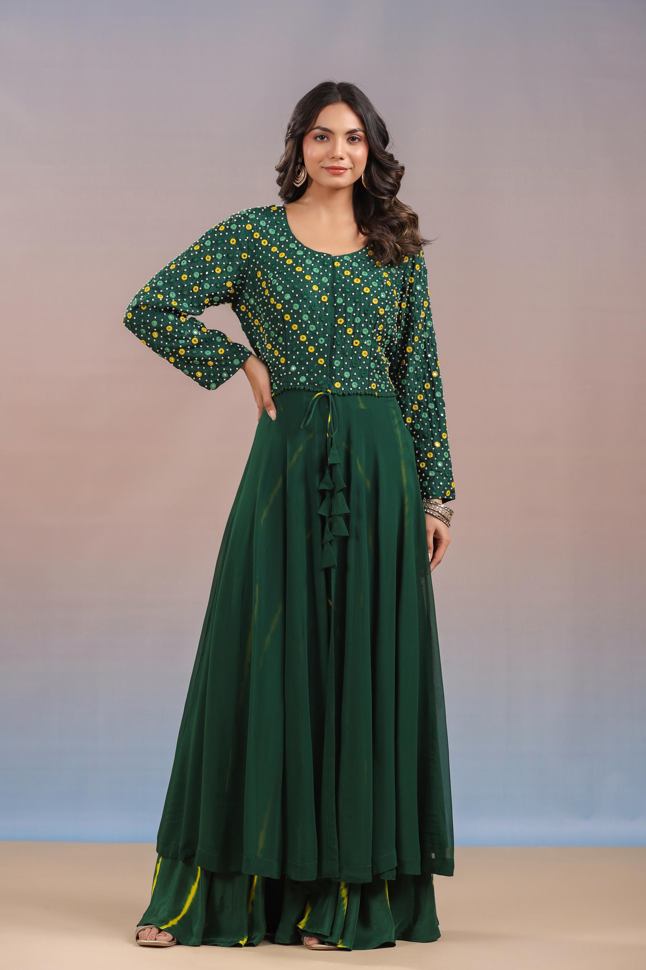 Green Embroidered Crystal Georgette Silk Anarkali Set