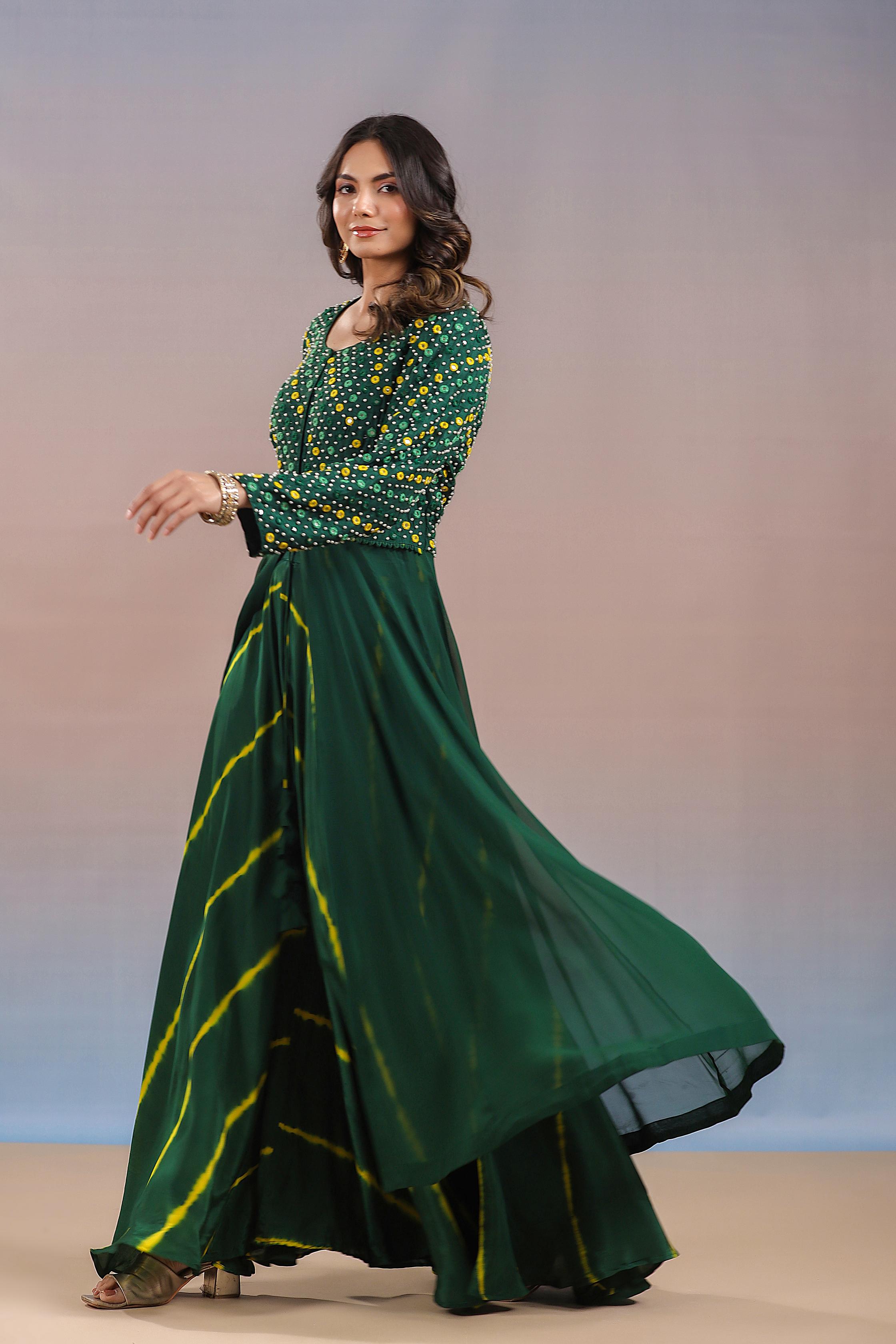 Green Embroidered Crystal Georgette Silk Anarkali Set