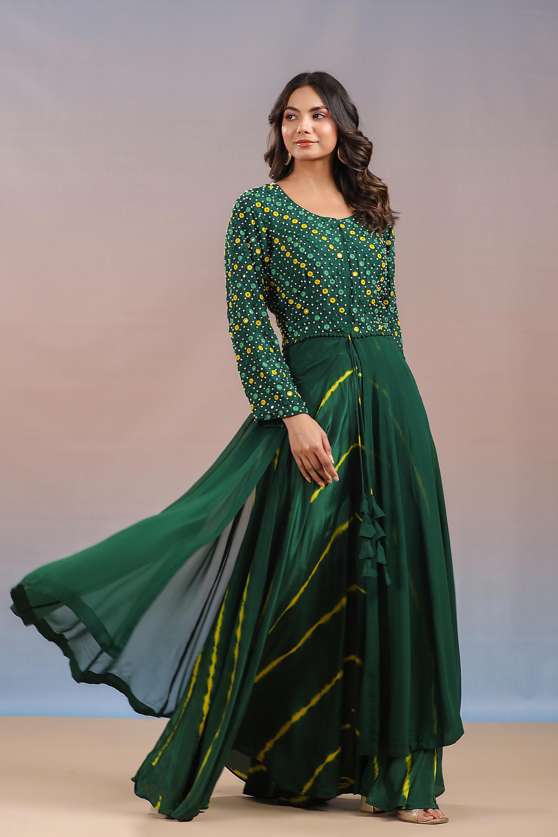 Green Embroidered Crystal Georgette Silk Anarkali Set