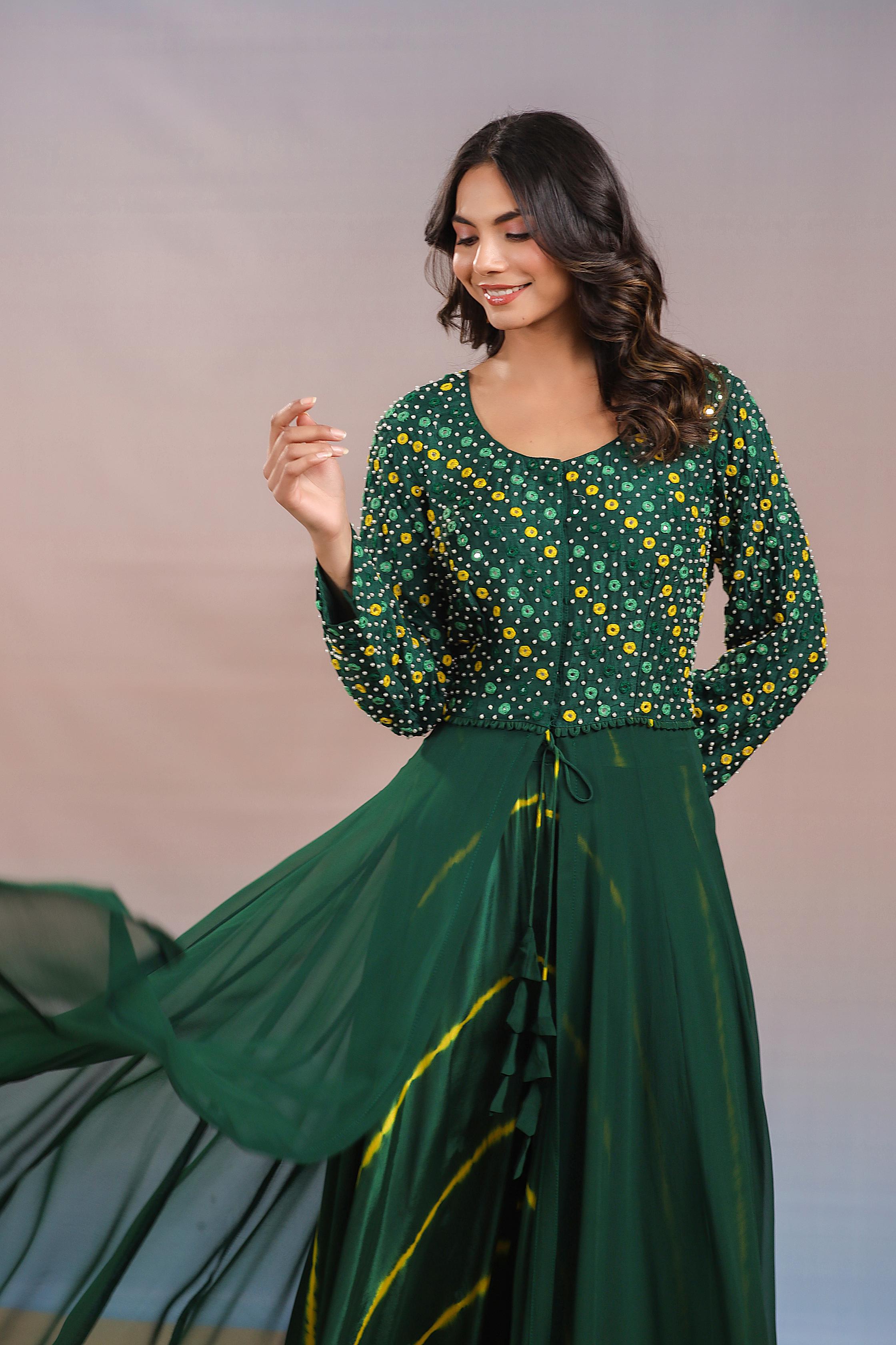 Green Embroidered Crystal Georgette Silk Anarkali Set