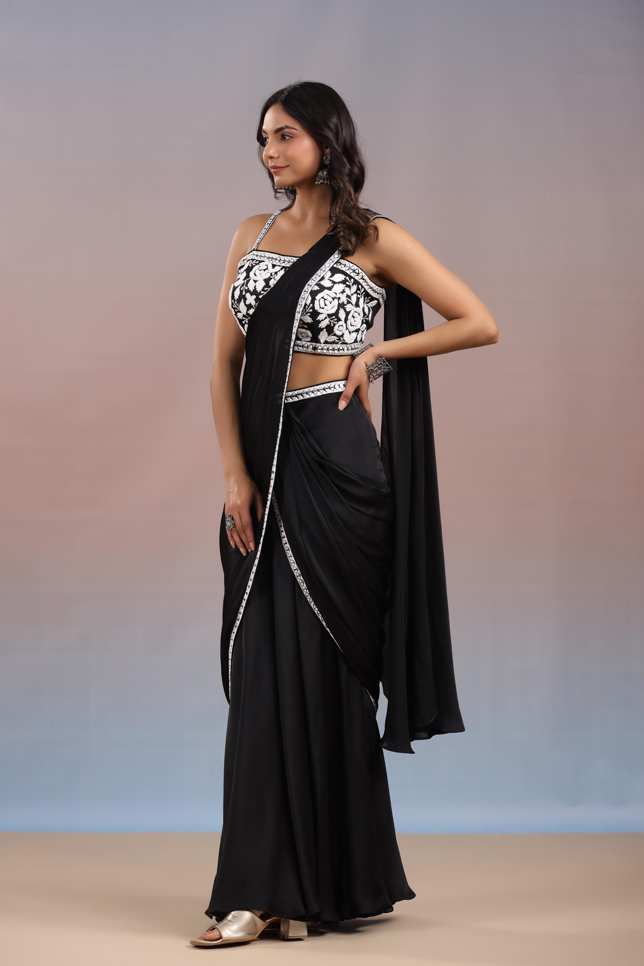 Black Floral Embroidered Premium Chinon Silk Draped Saree