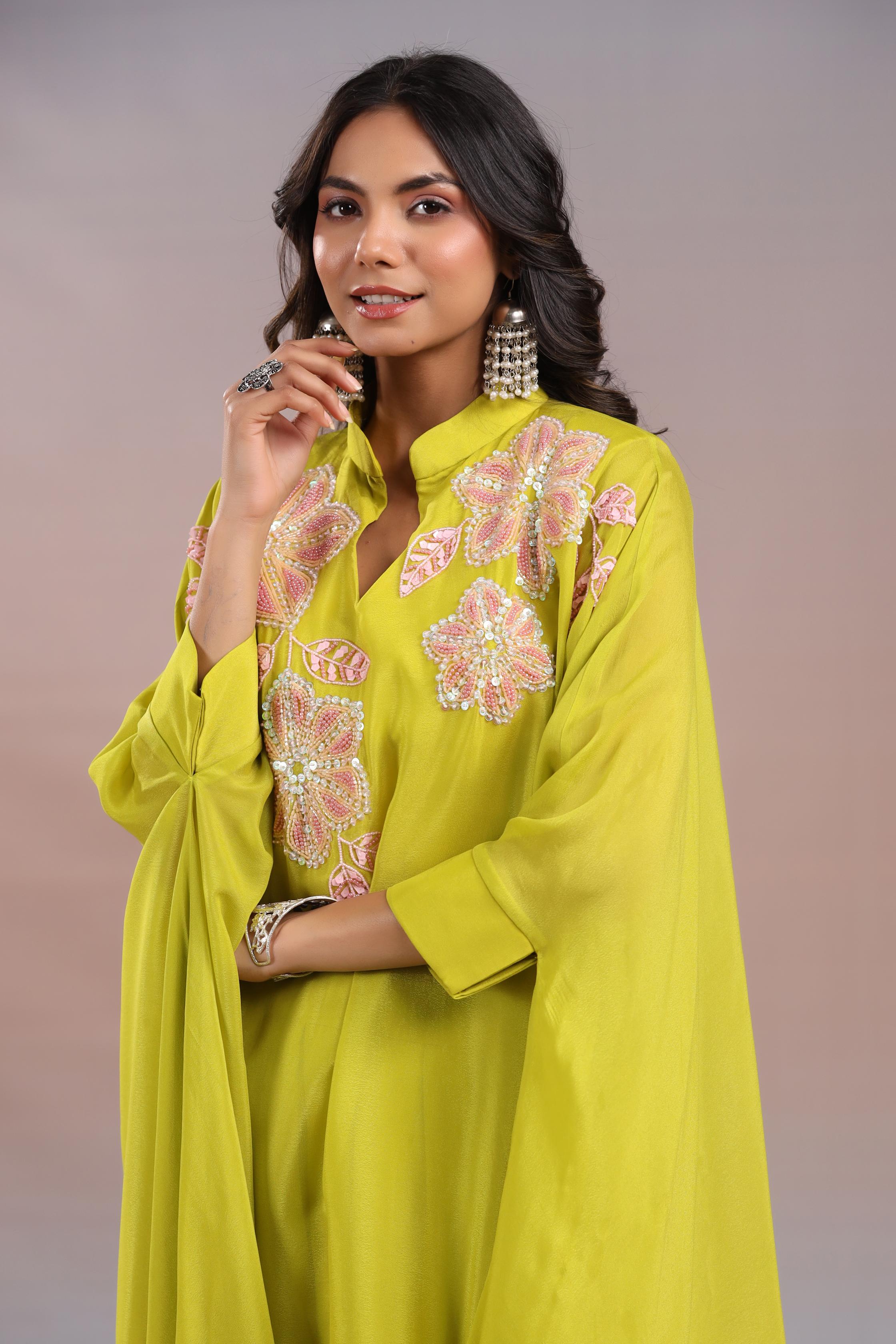 Neon Yellow Embellished Tunic & Dhoti Pants Set