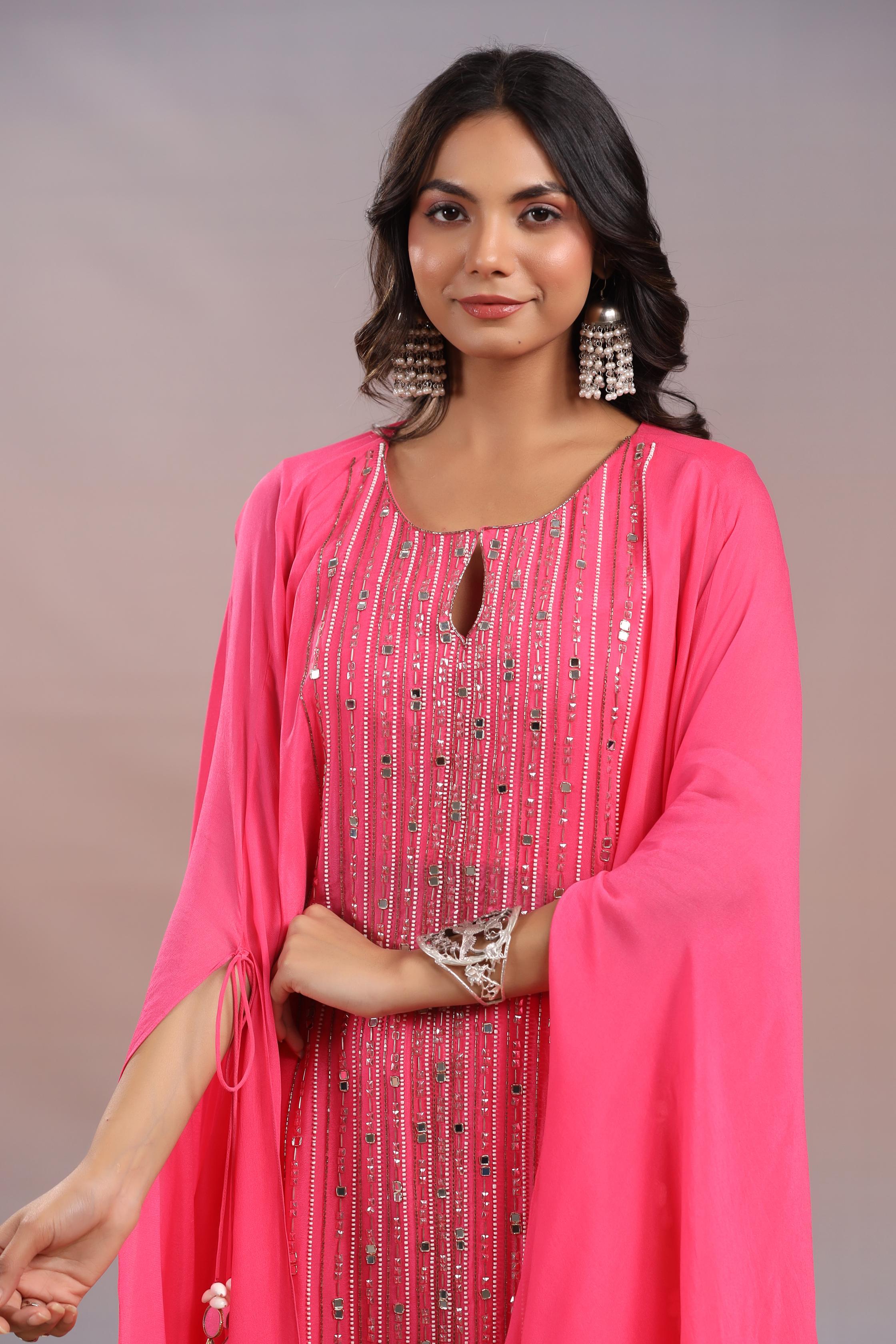 Brink Pink Embellished Vama Georgette Silk Tunic & Dhoti Pants Set