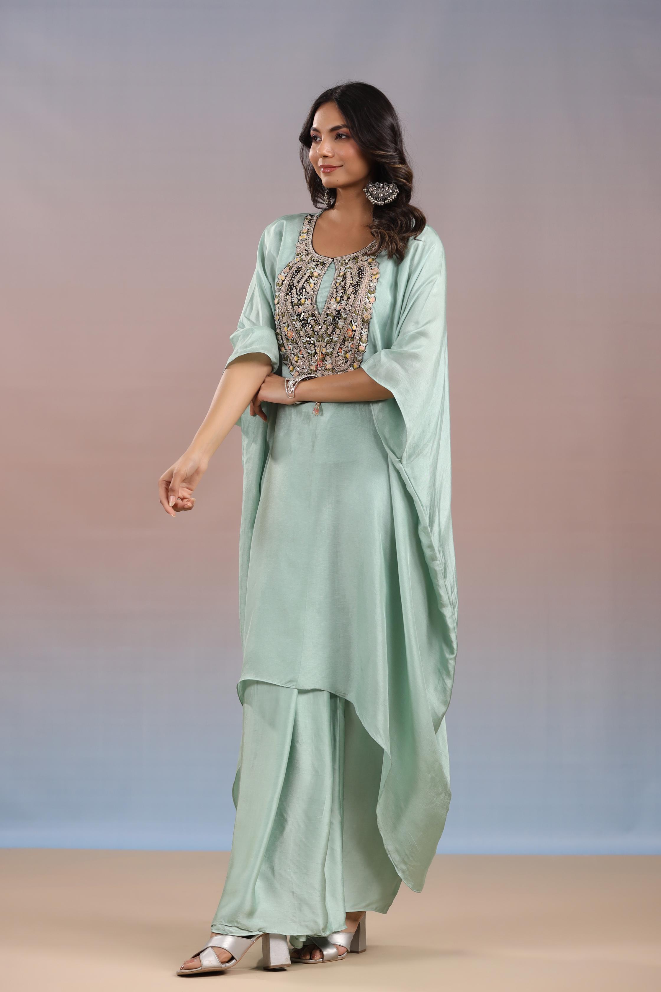 Light Turquoise Embroidered Habutai Silk Skirt Set