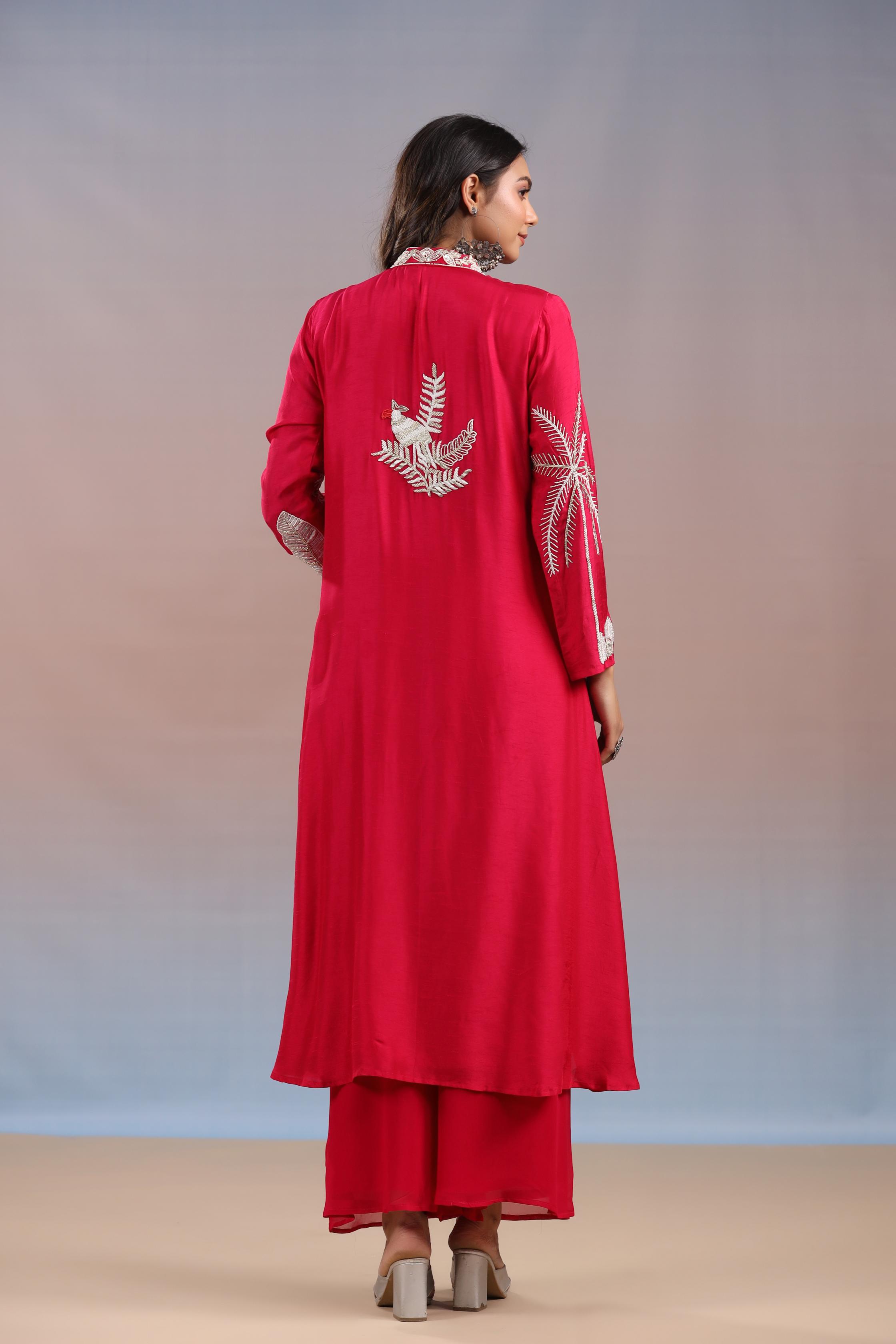 Reddish Pink Embroidered Premium Silk Kurta & Palazzo Set