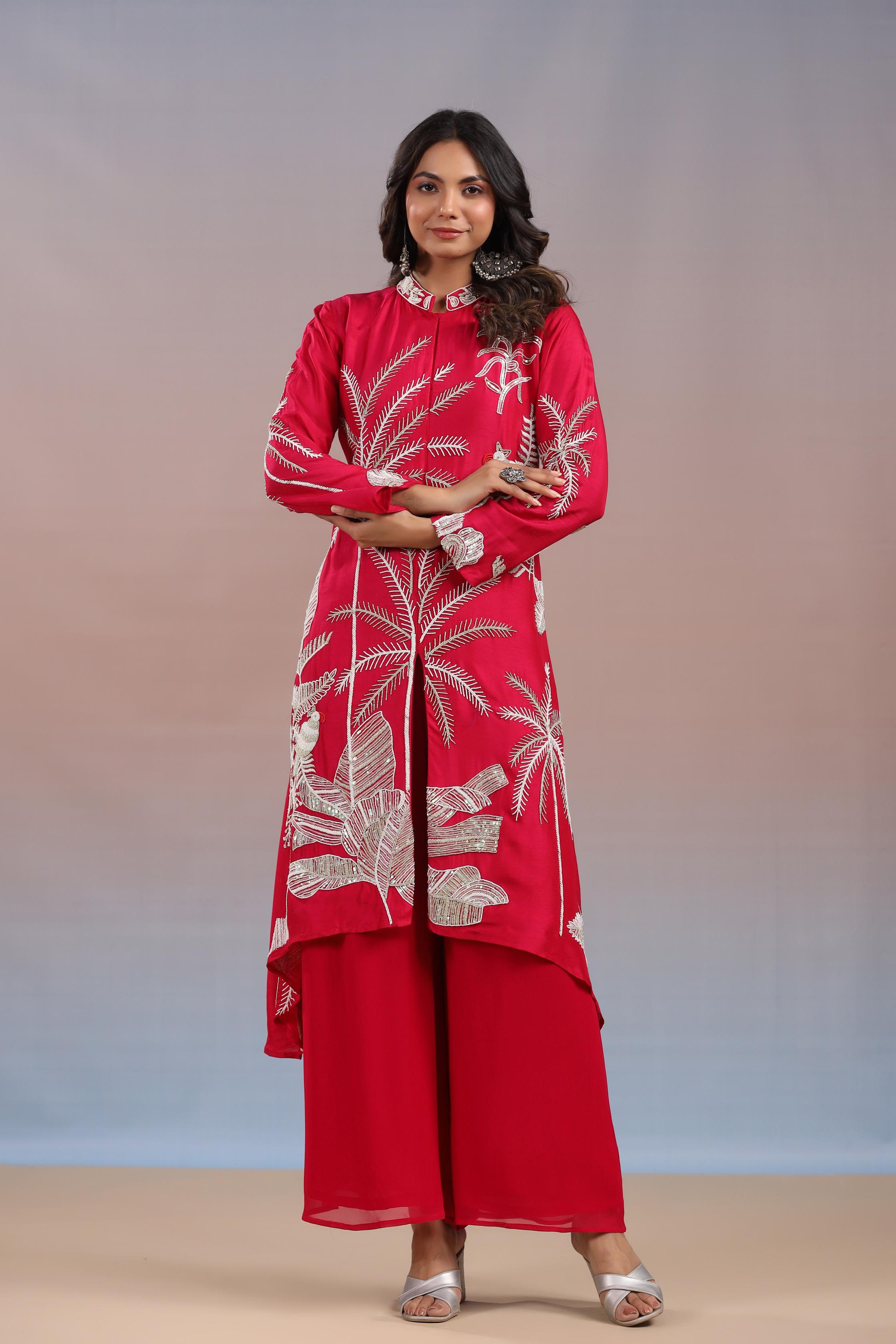 Reddish Pink Embroidered Premium Silk Kurta & Palazzo Set