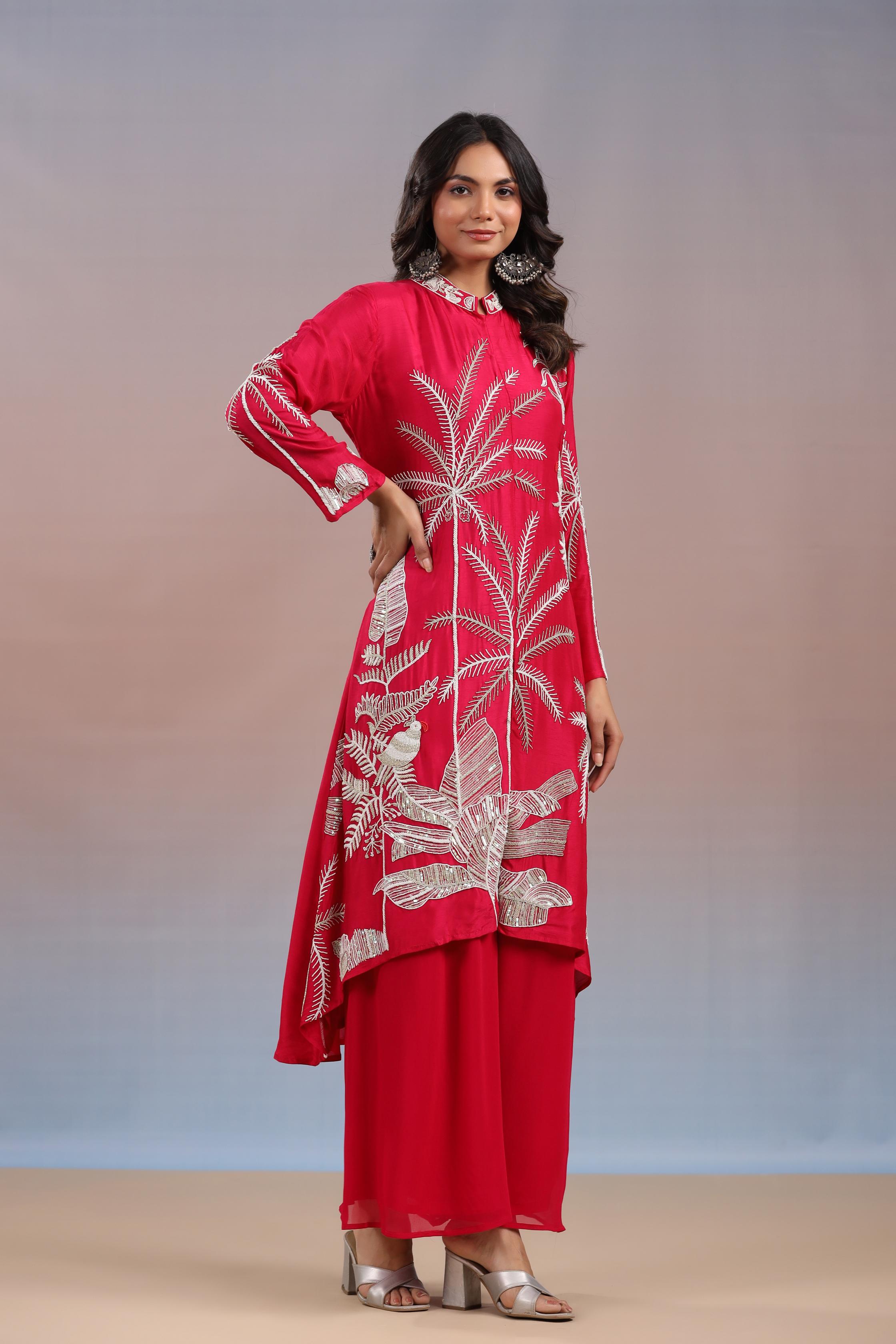 Reddish Pink Embroidered Premium Silk Kurta & Palazzo Set