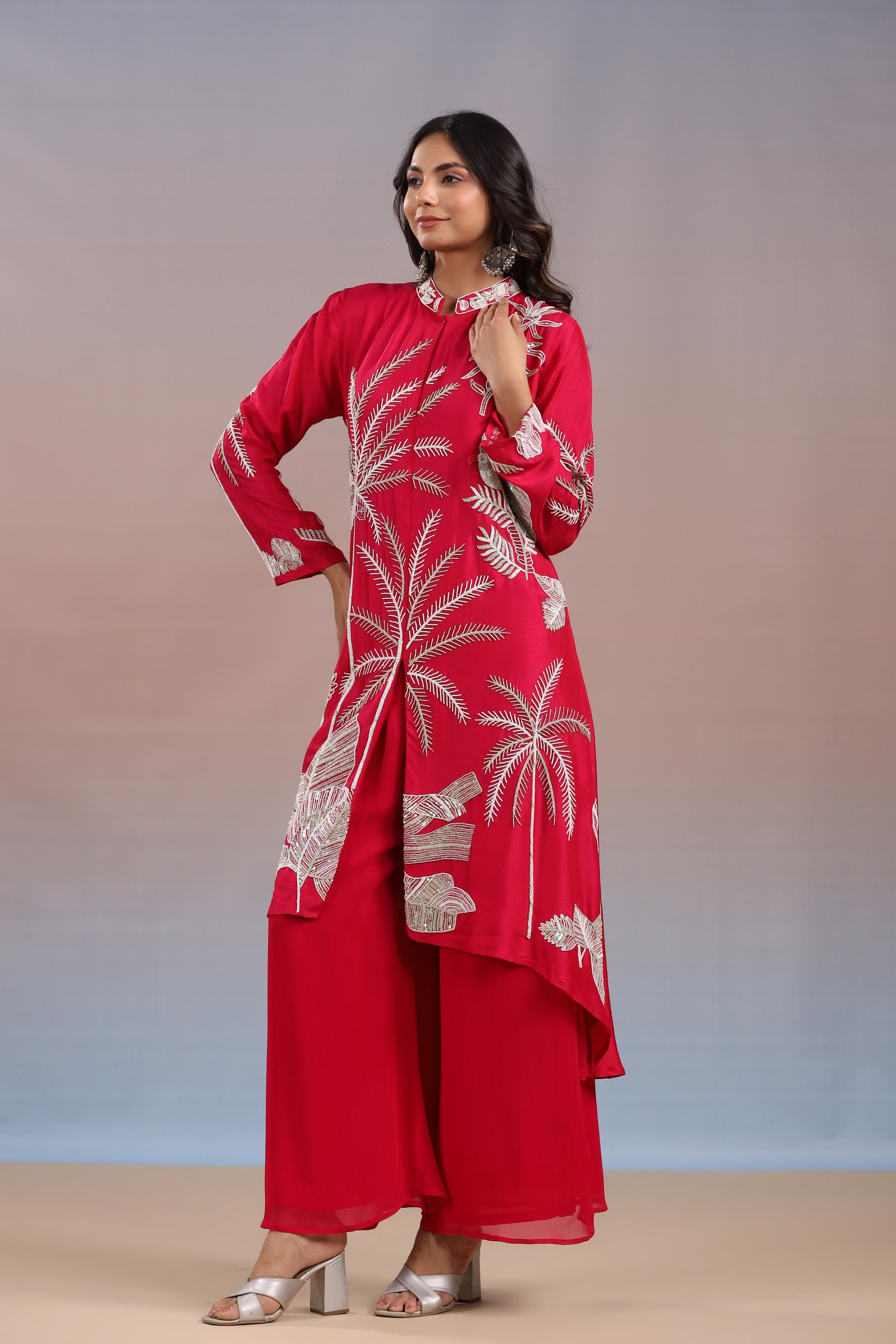 Reddish Pink Embroidered Premium Silk Kurta & Palazzo Set