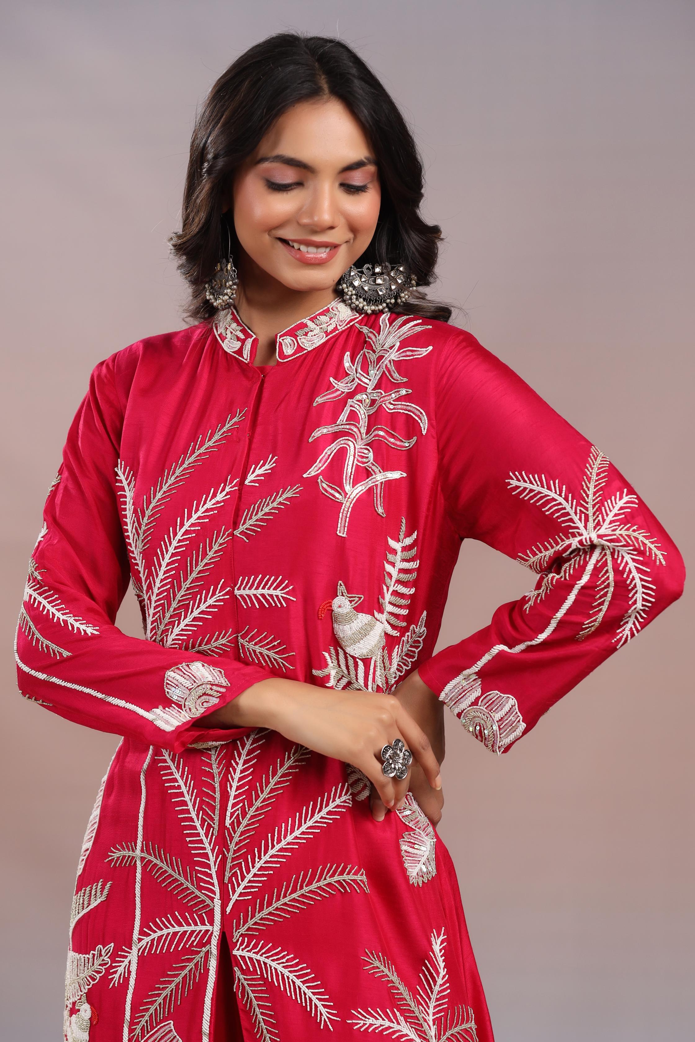 Reddish Pink Embroidered Premium Silk Kurta & Palazzo Set