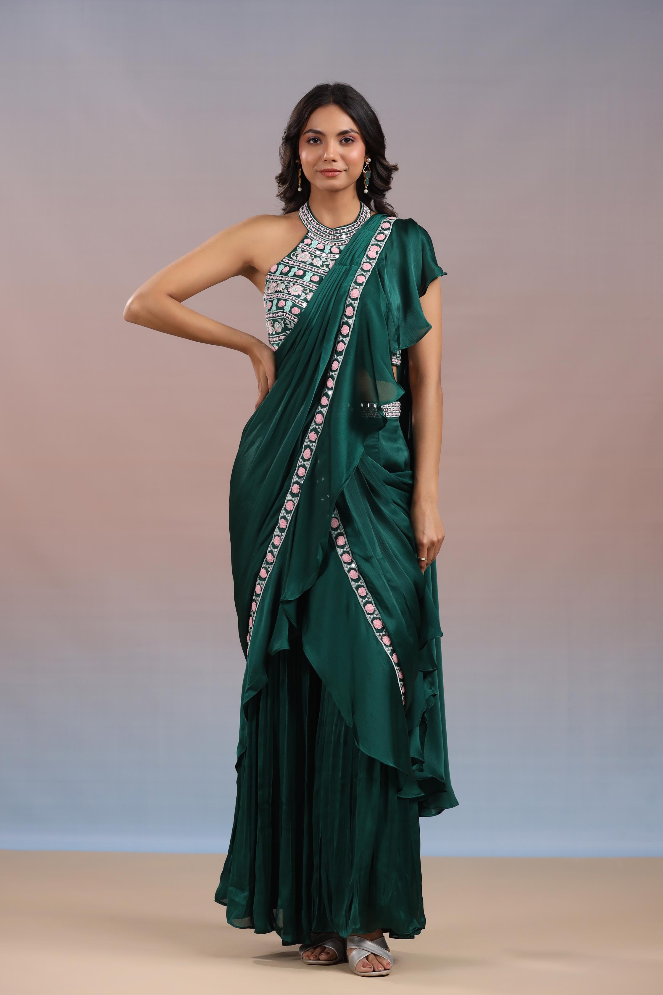 Teal Green Embroidered Premium Chinon Silk Draped Saree
