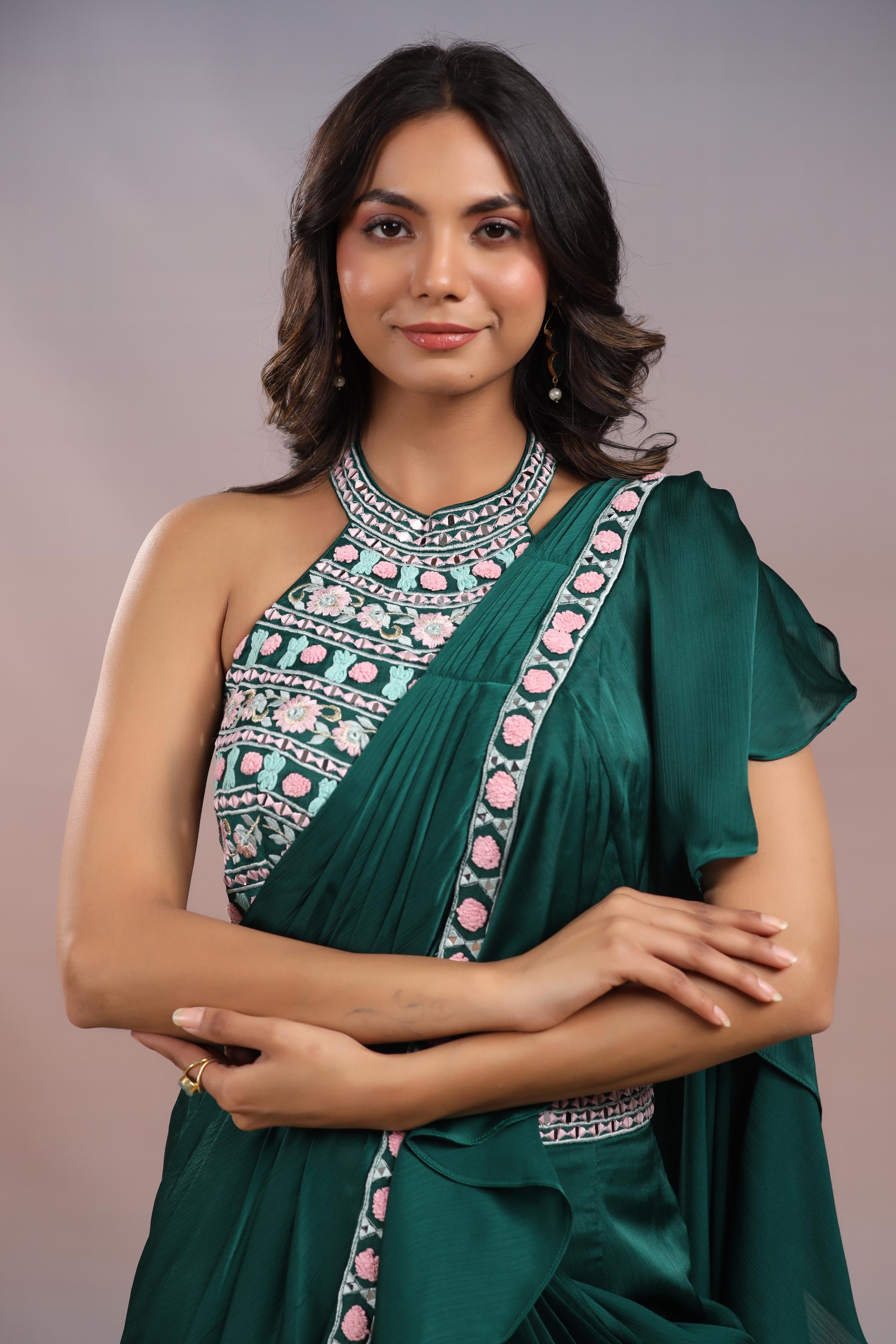 Teal Green Embroidered Premium Chinon Silk Draped Saree