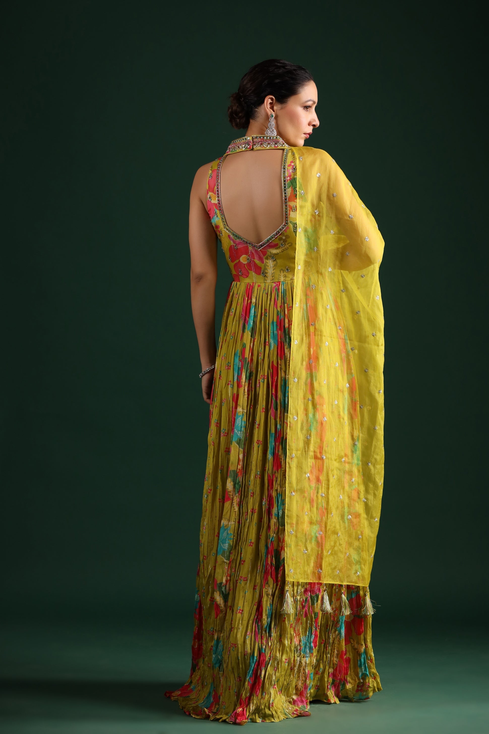 Corn Yellow Floral Printed Chinon Silk Anarkali Set