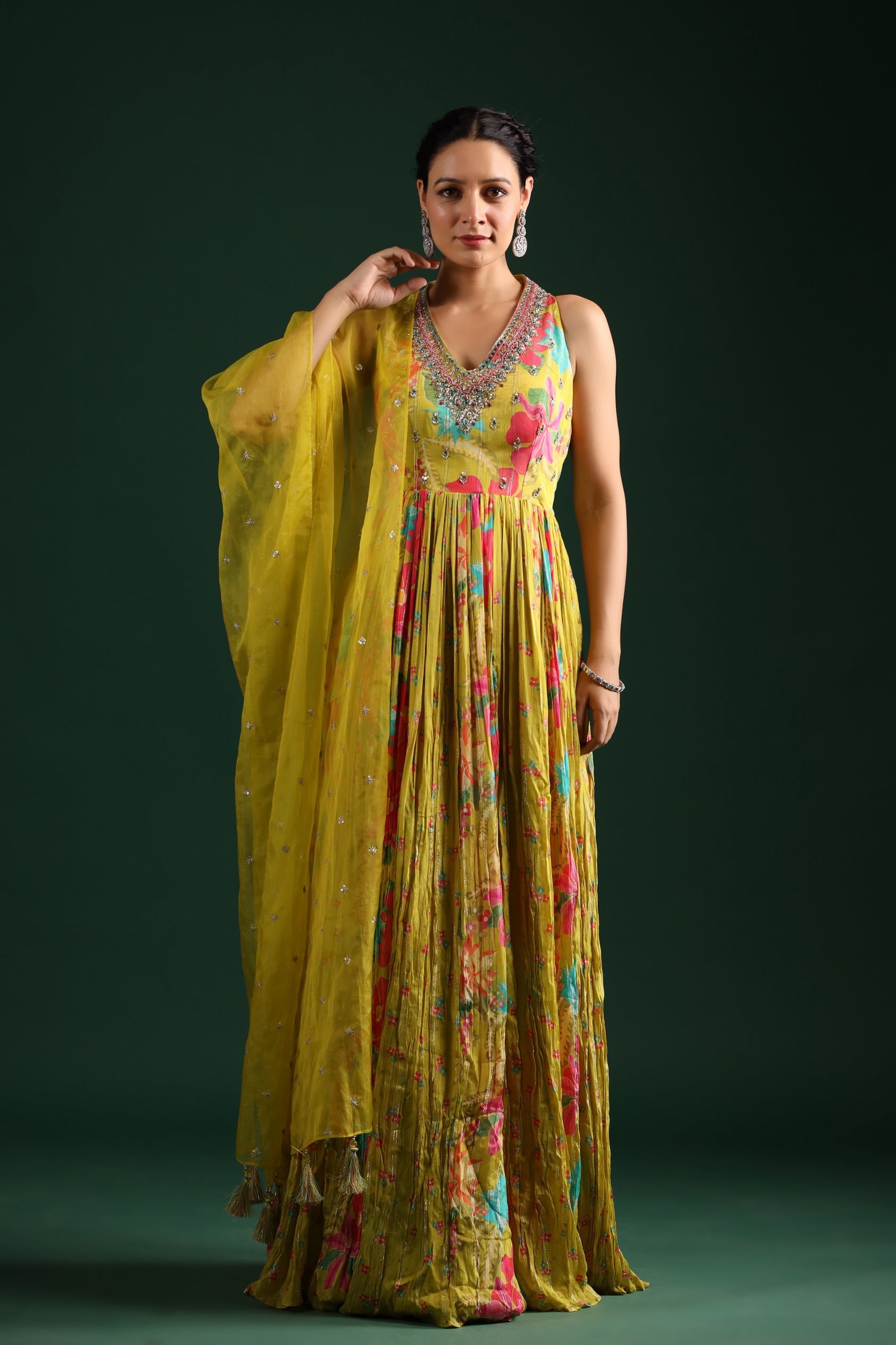 Corn Yellow Floral Printed Chinon Silk Anarkali Set