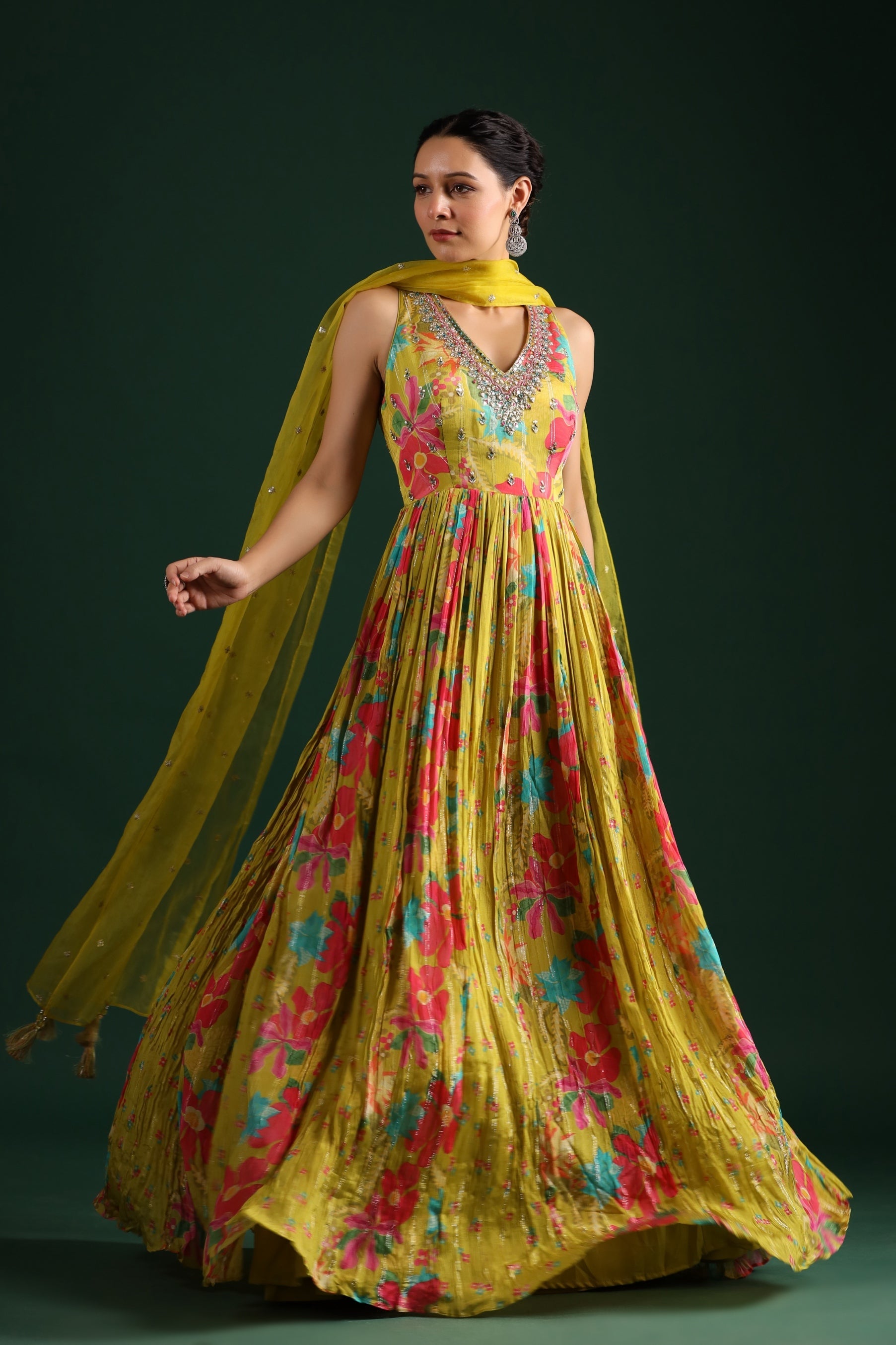 Corn Yellow Floral Printed Chinon Silk Anarkali Set