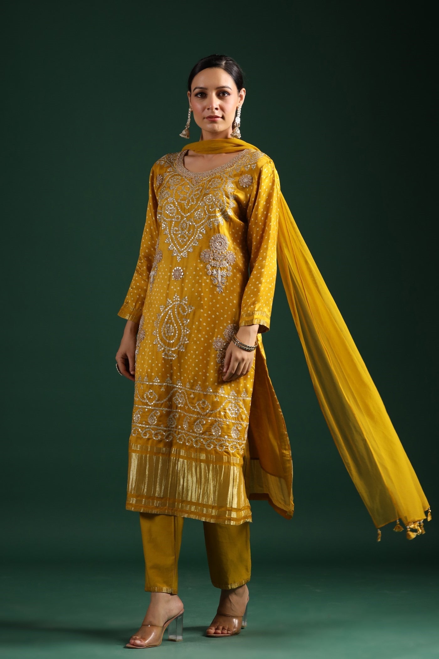 Mustard Bandhej Gajji Silk Kurta Set