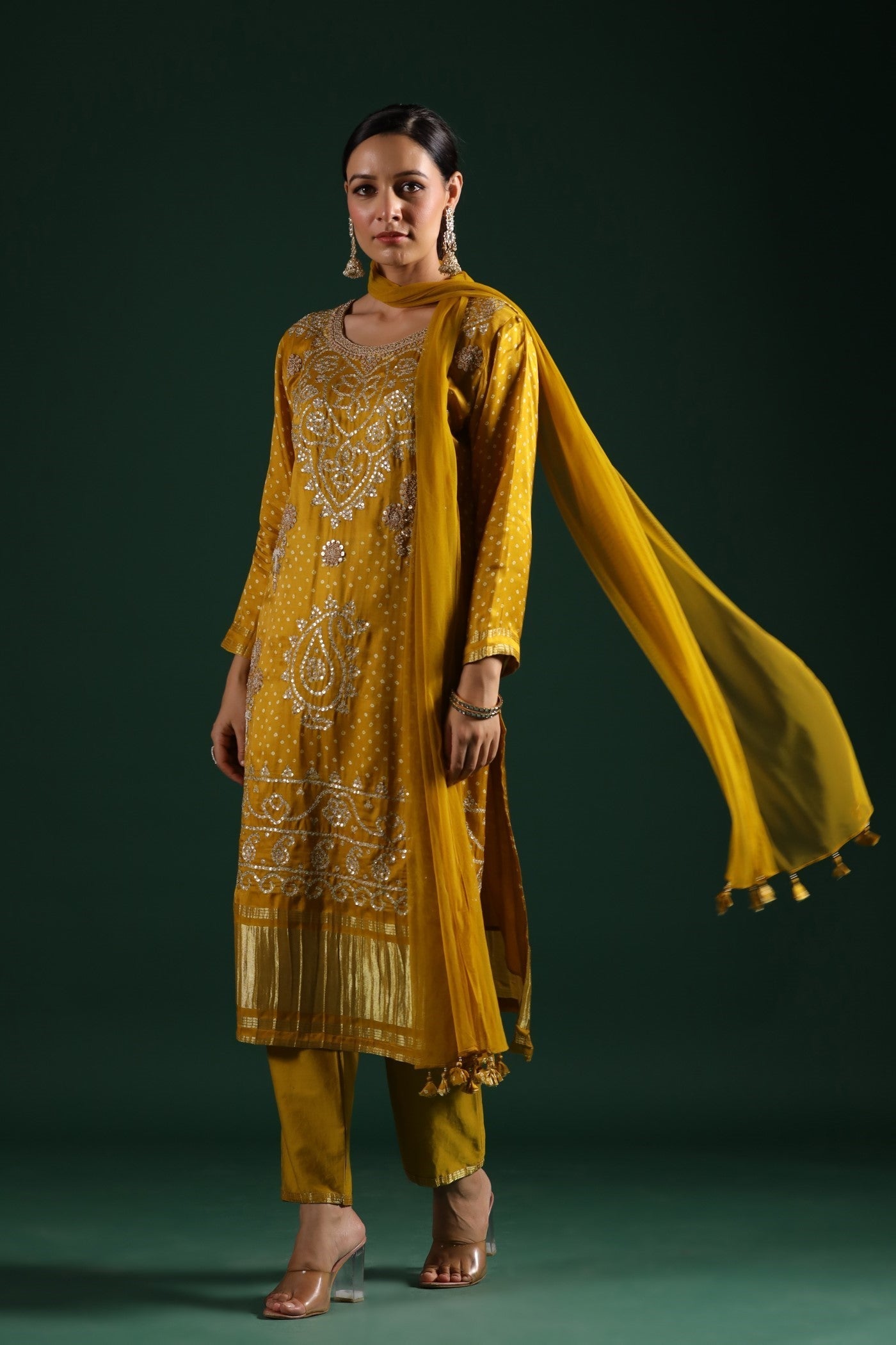 Mustard Bandhej Gajji Silk Kurta Set