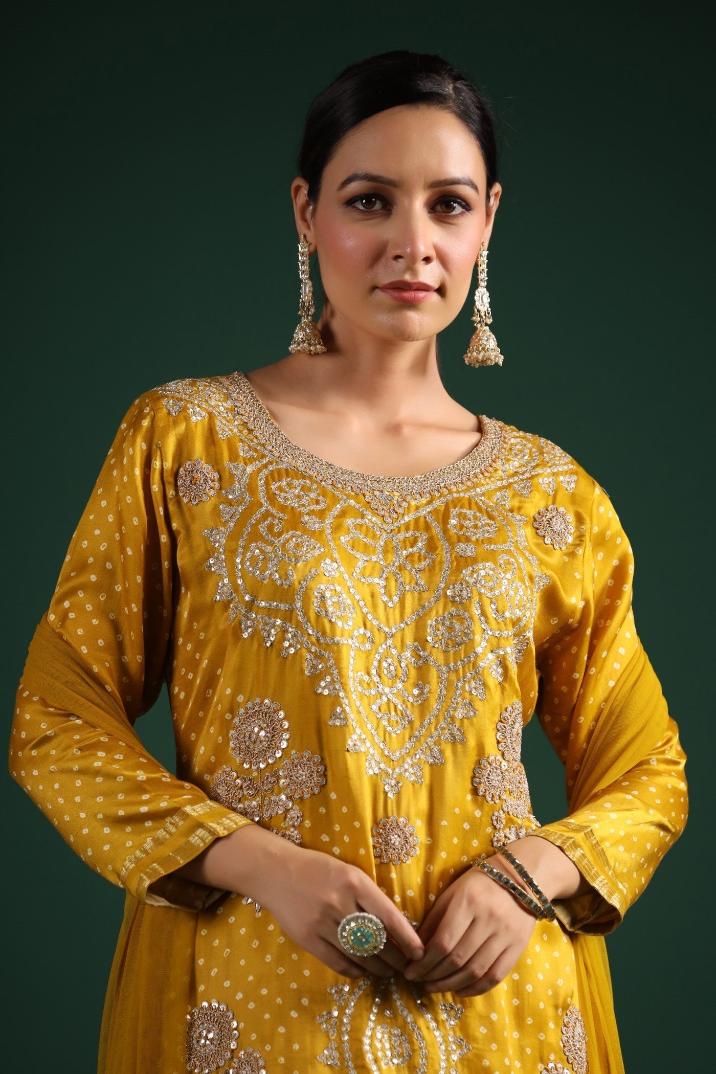 Mustard Bandhej Gajji Silk Kurta Set