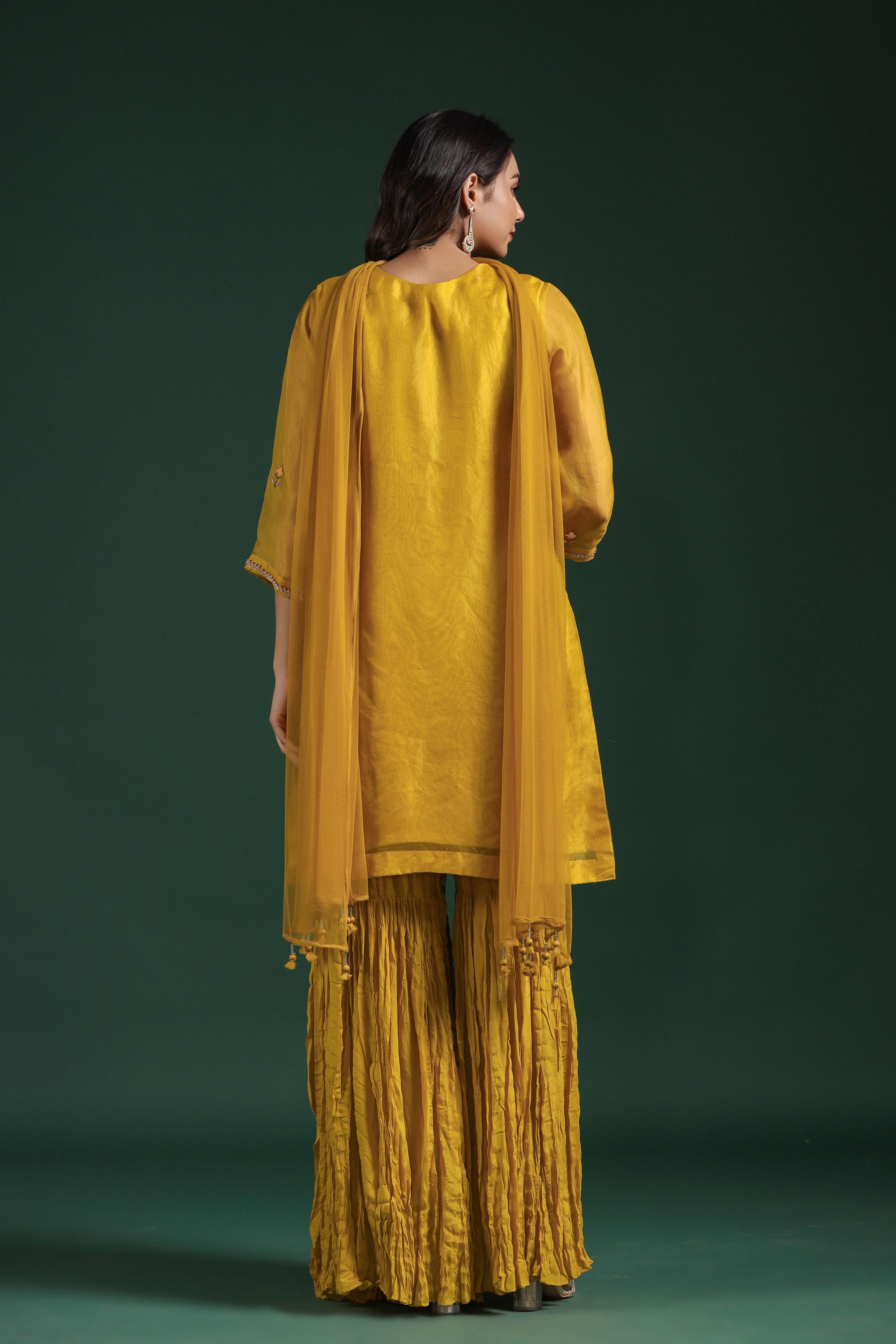 Classic Yellow Embellished Premium Organza Silk Sharara Set