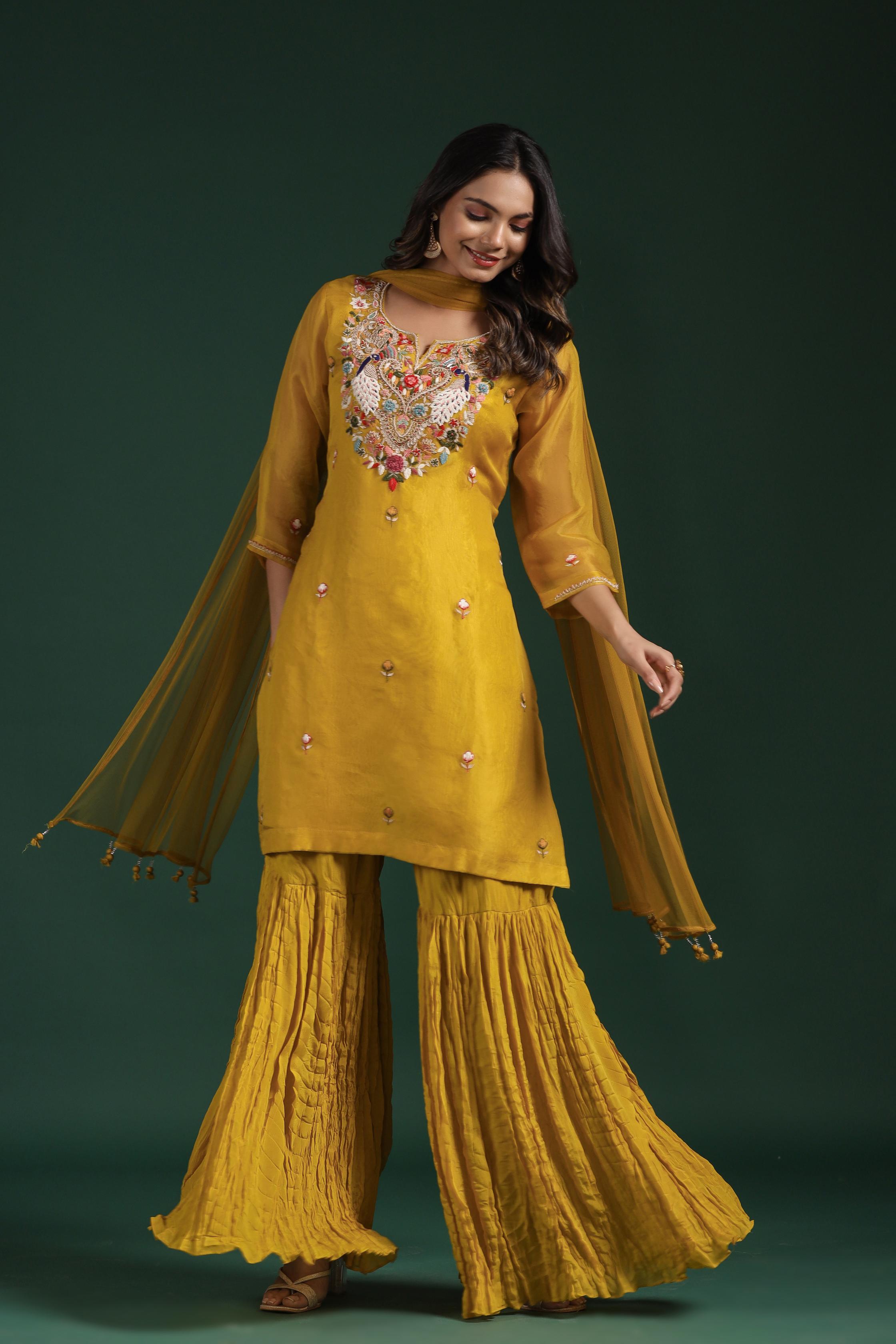 Classic Yellow Embellished Premium Organza Silk Sharara Set