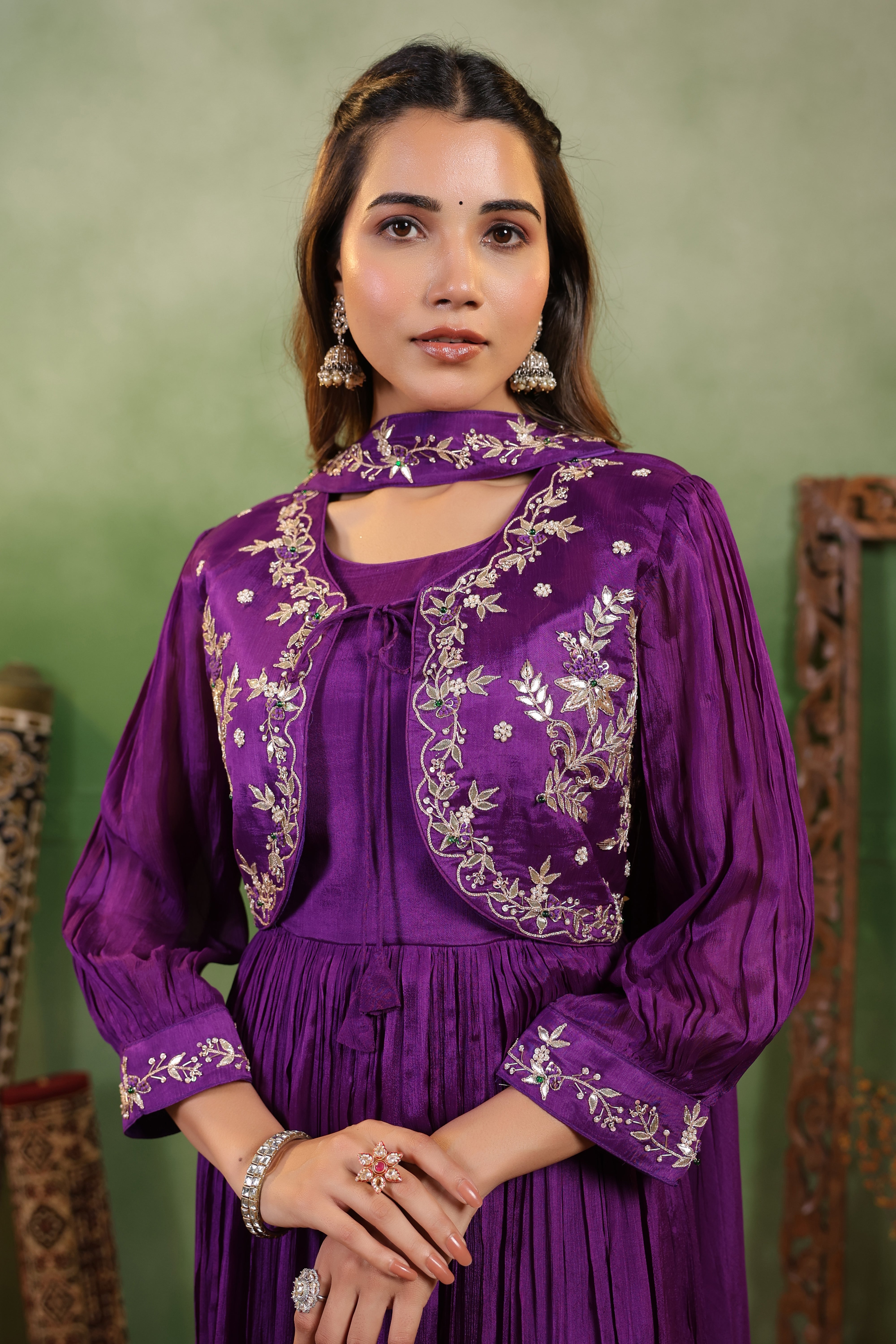 Regal Violet Embellished Chinon Silk Gown Set