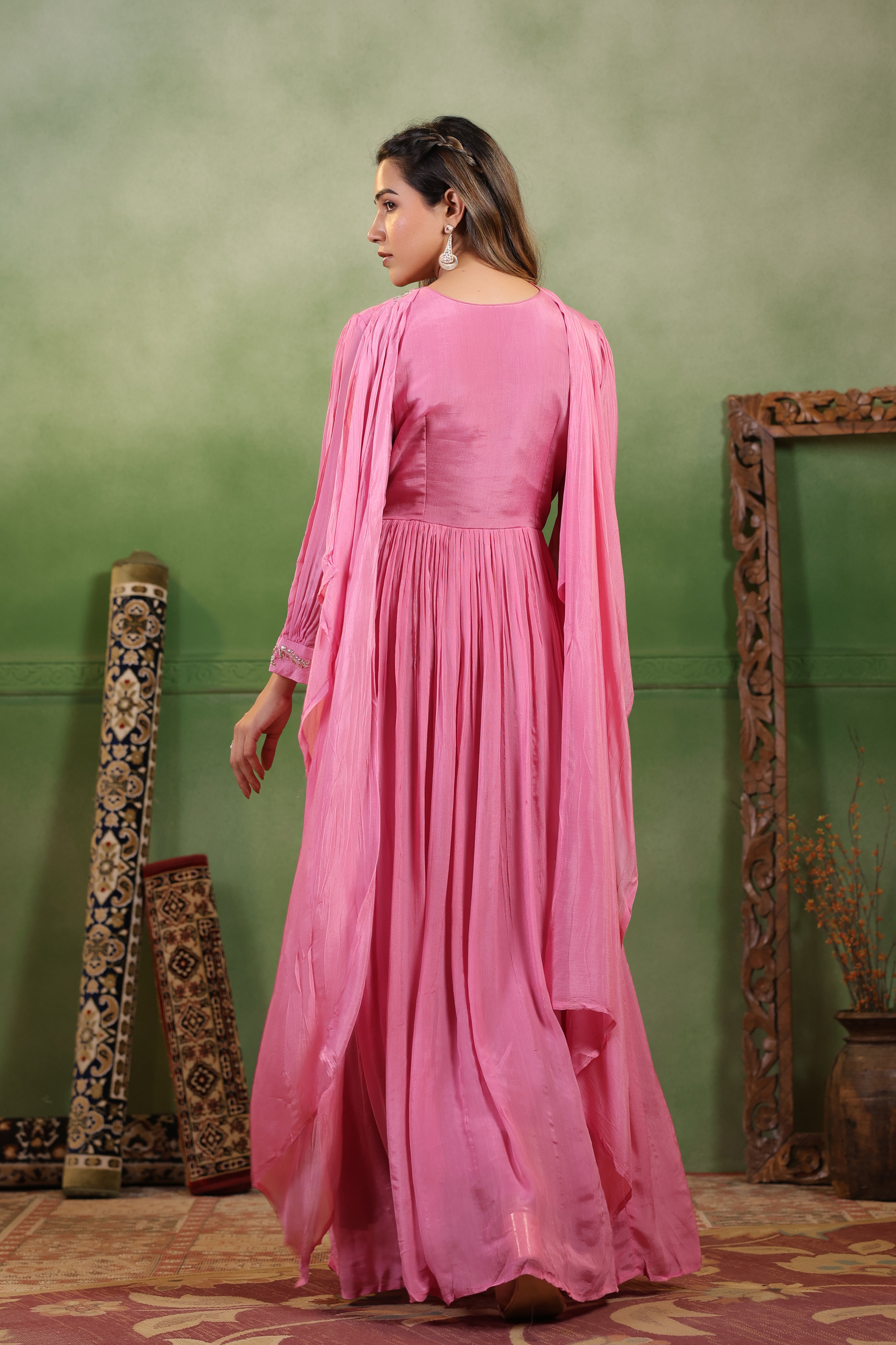 Petal Pink Embellished Chinon Silk Gown Set