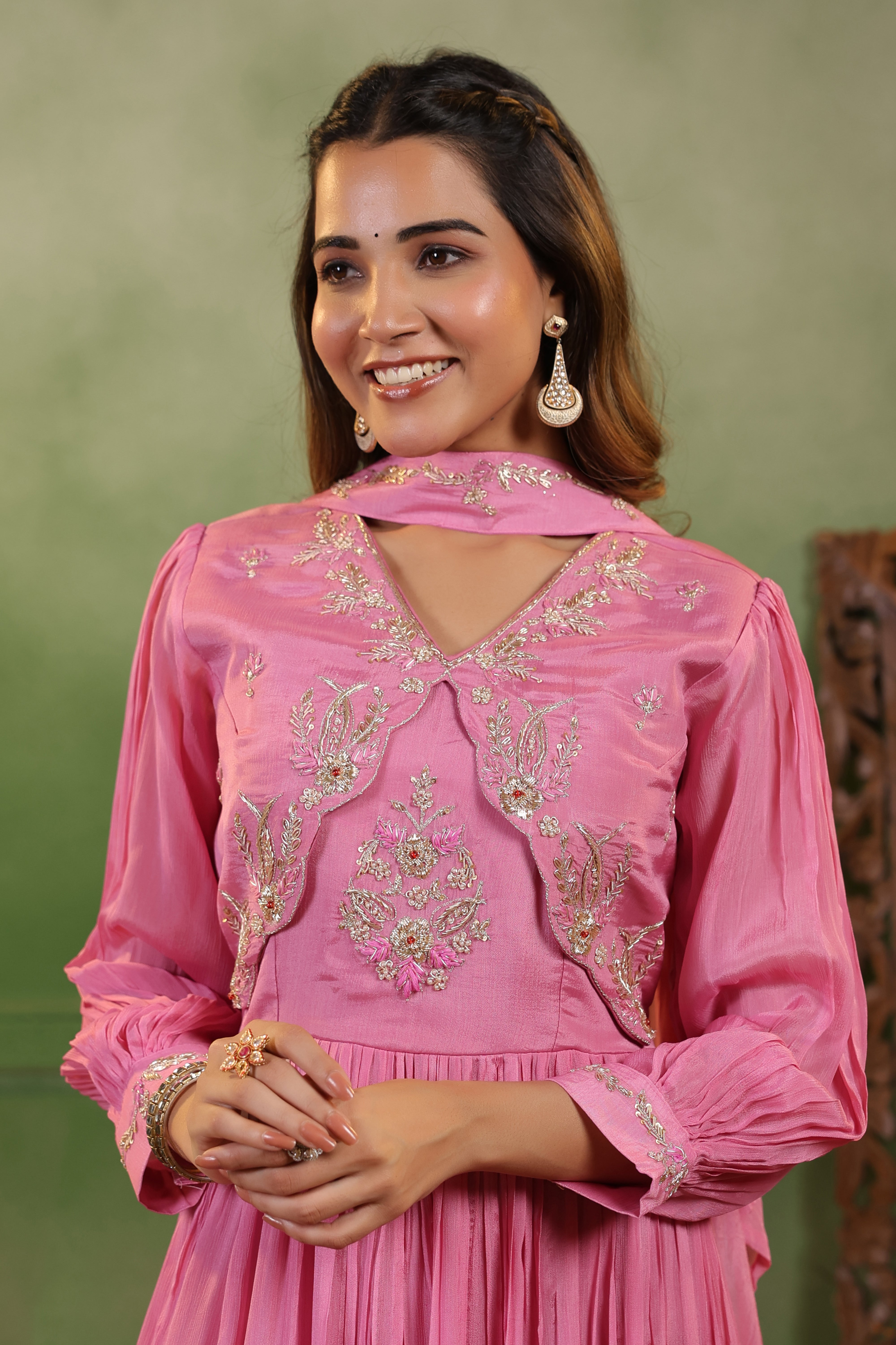 Petal Pink Embellished Chinon Silk Gown Set