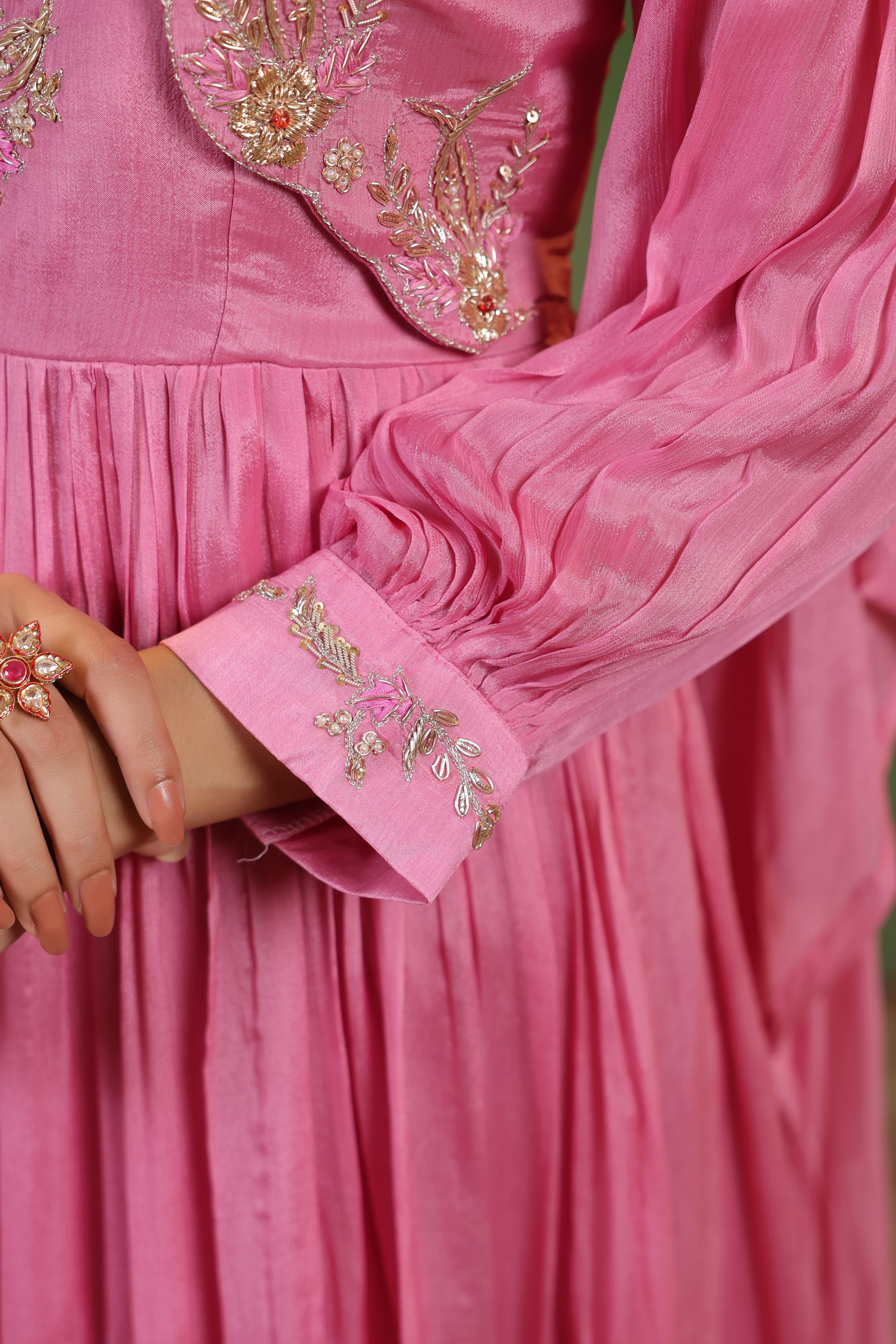 Petal Pink Embellished Chinon Silk Gown Set