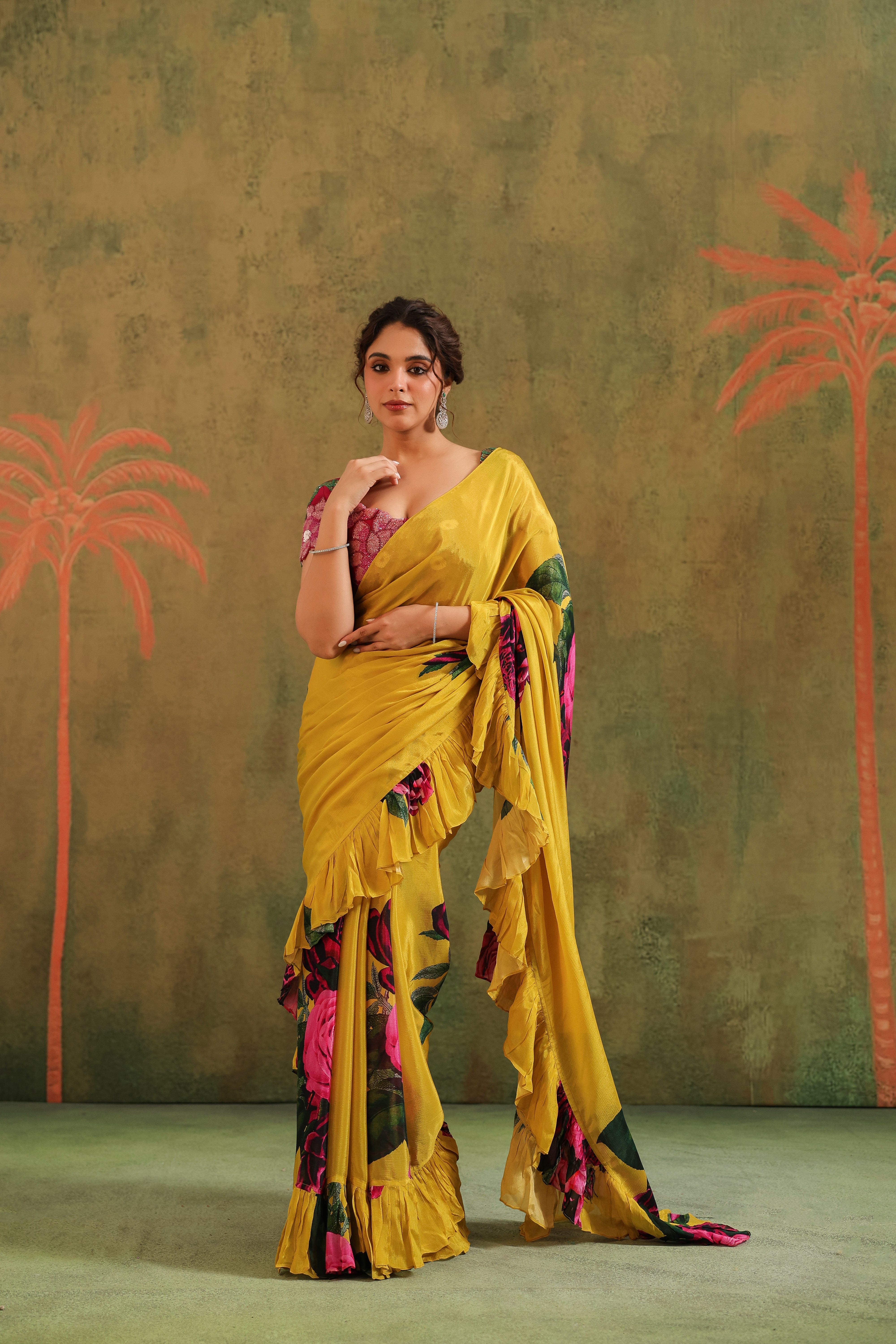 Marigold Yellow Floral Printed Chinon Silk Saree