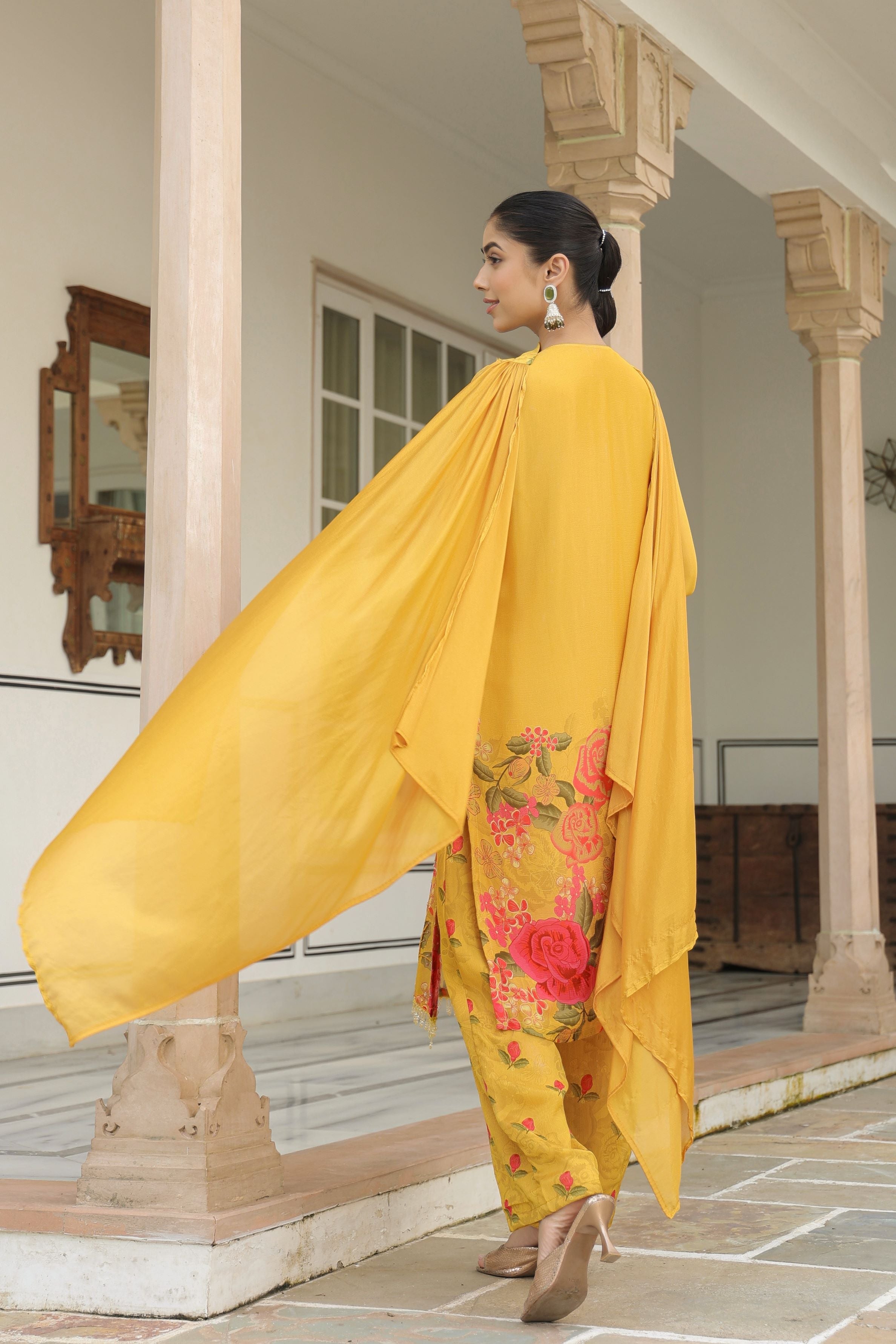 Yellow Floral Printed Chinon Silk Pants Set