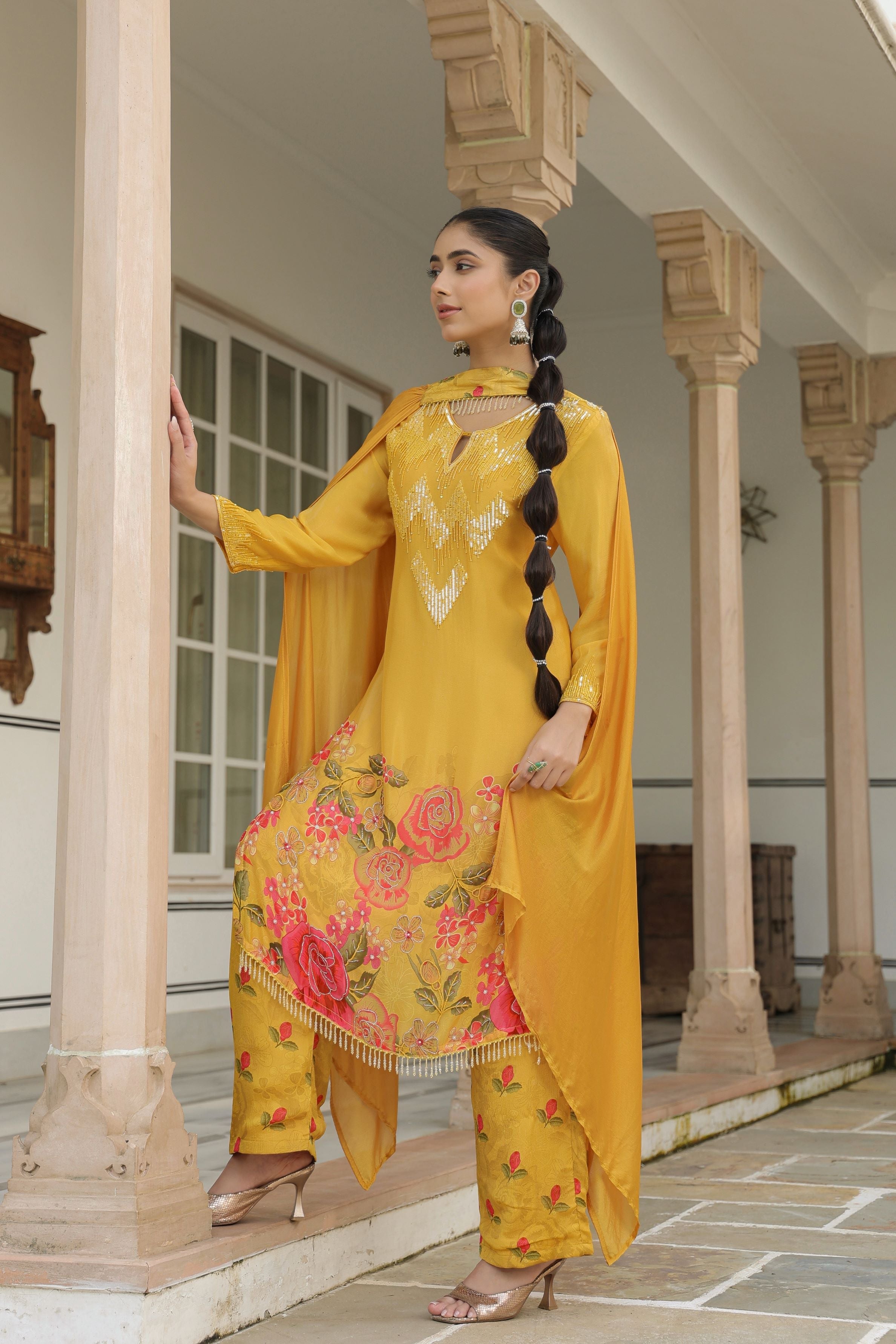 Yellow Floral Printed Chinon Silk Pants Set