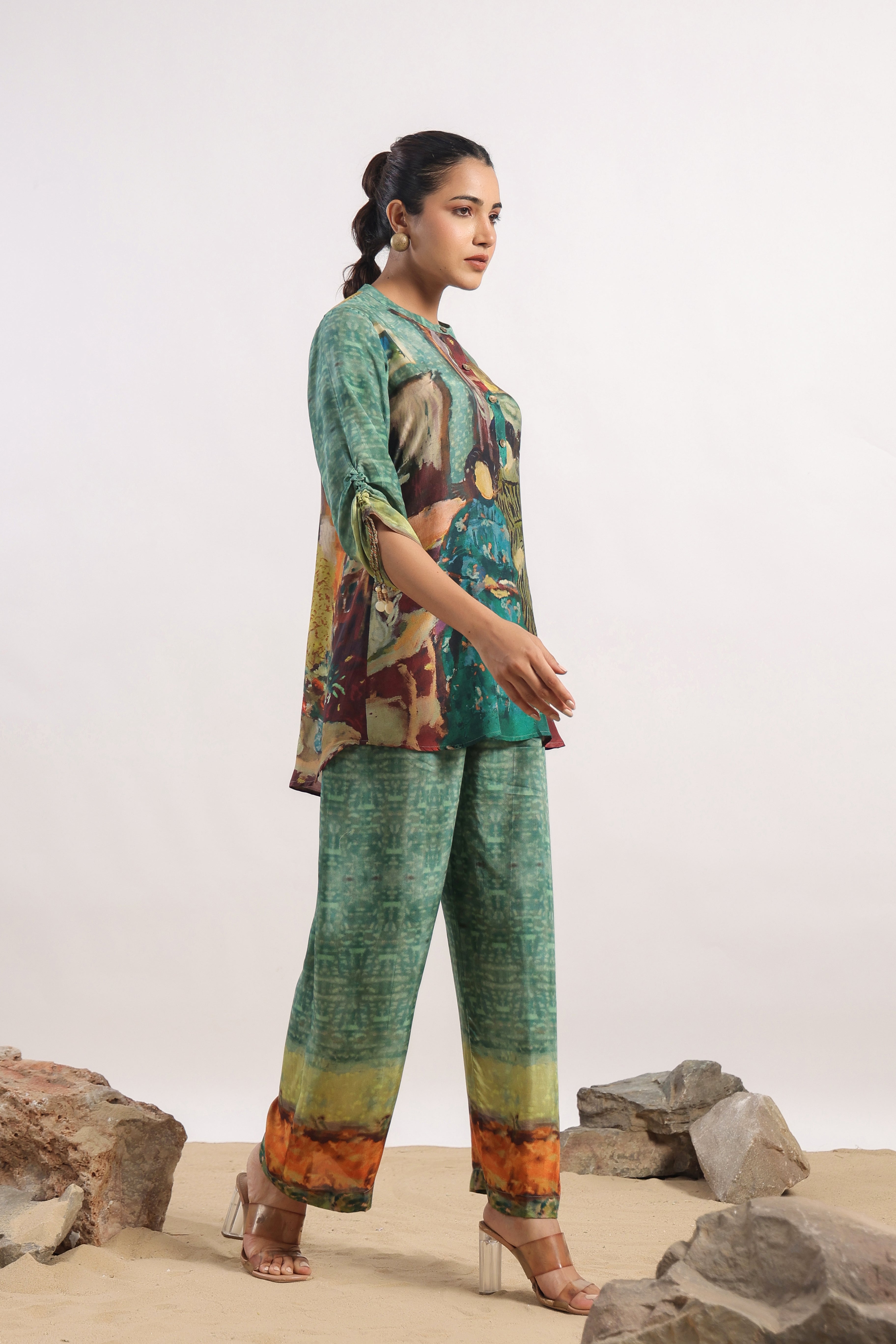 Forest Green Abstract Printed Muslin Silk Co-Ord Set