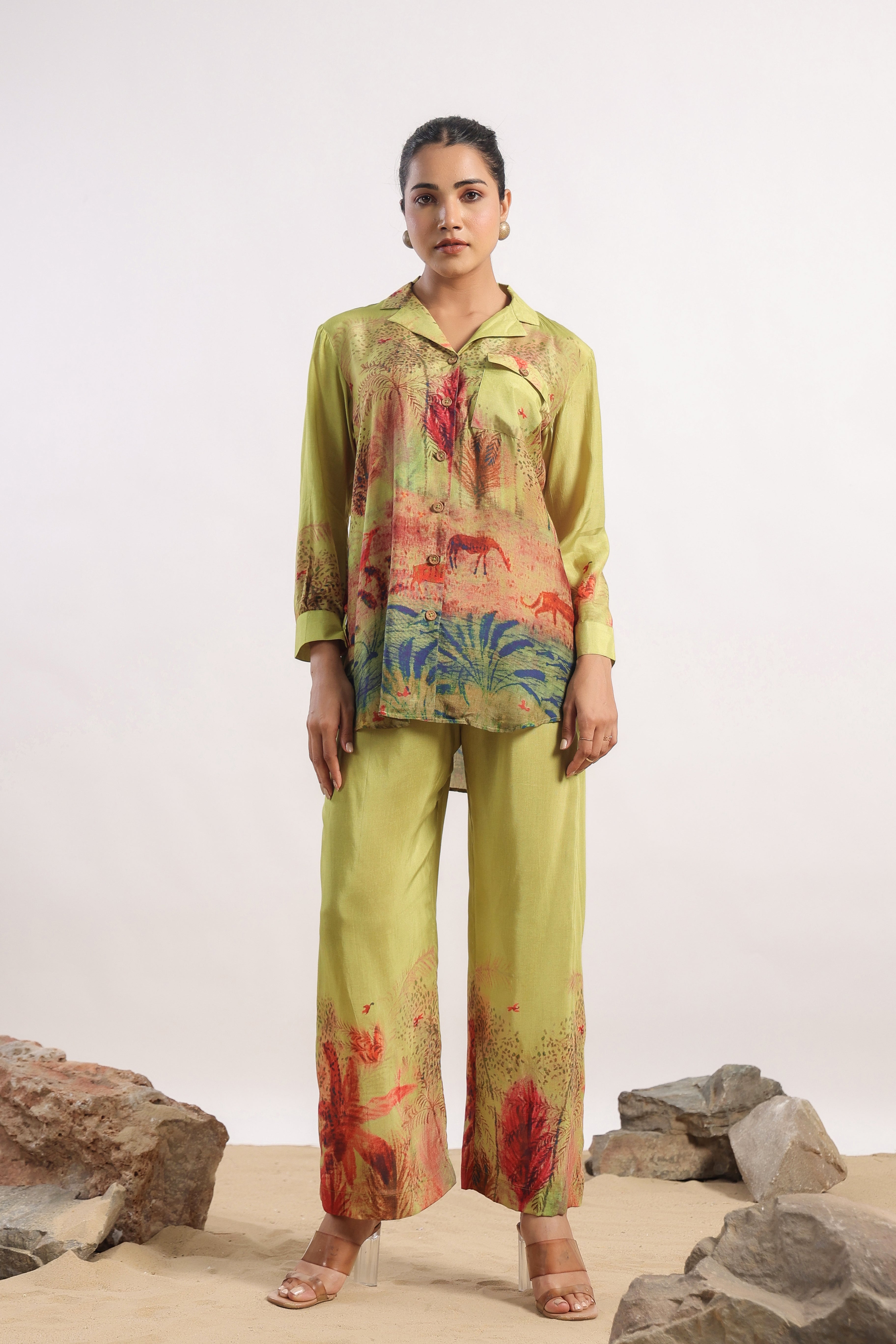 Pear Green Abstract Printed Muslin Silk Co-Ord Set