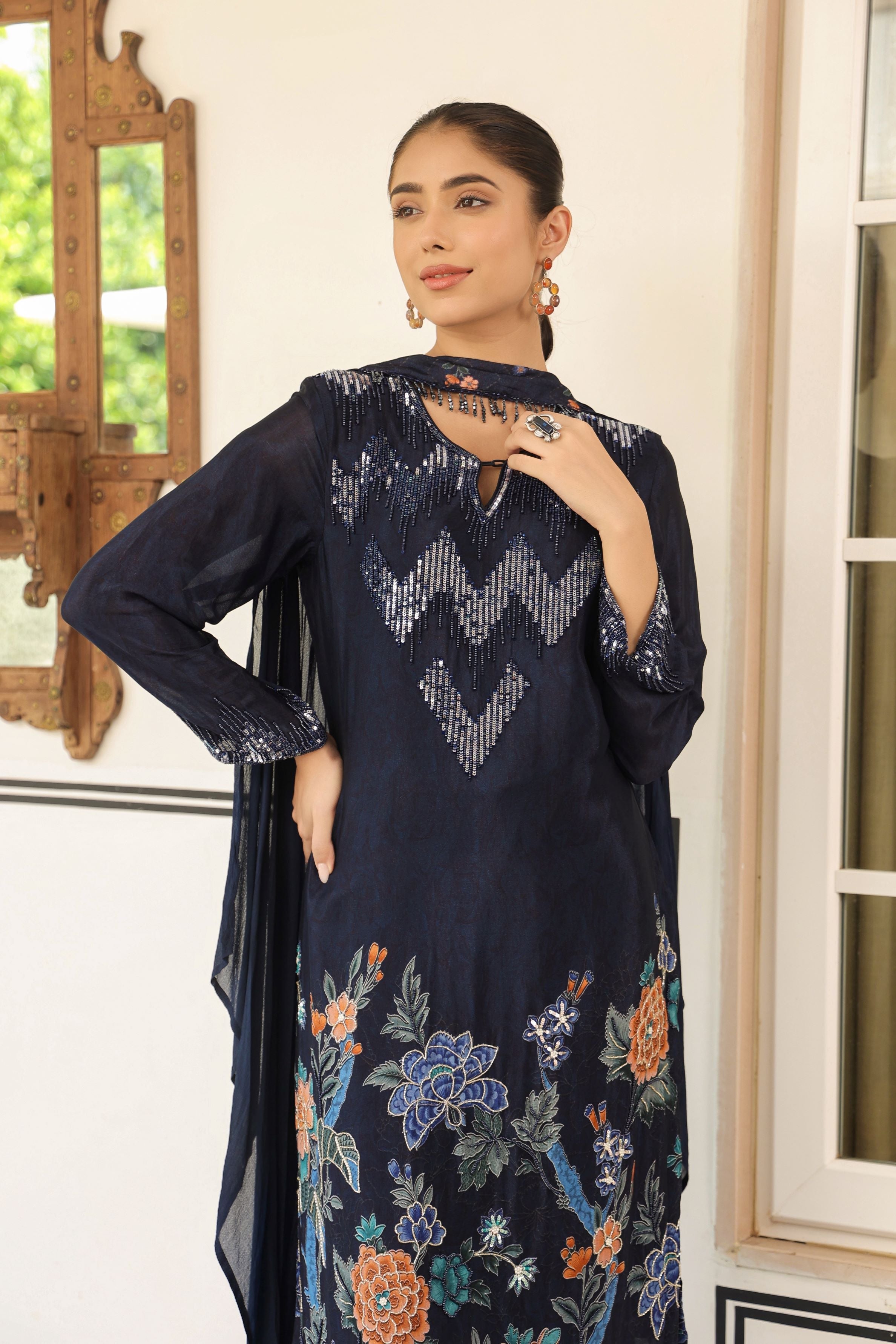 Deep Blue Embellished Chinon Silk Kurta Set