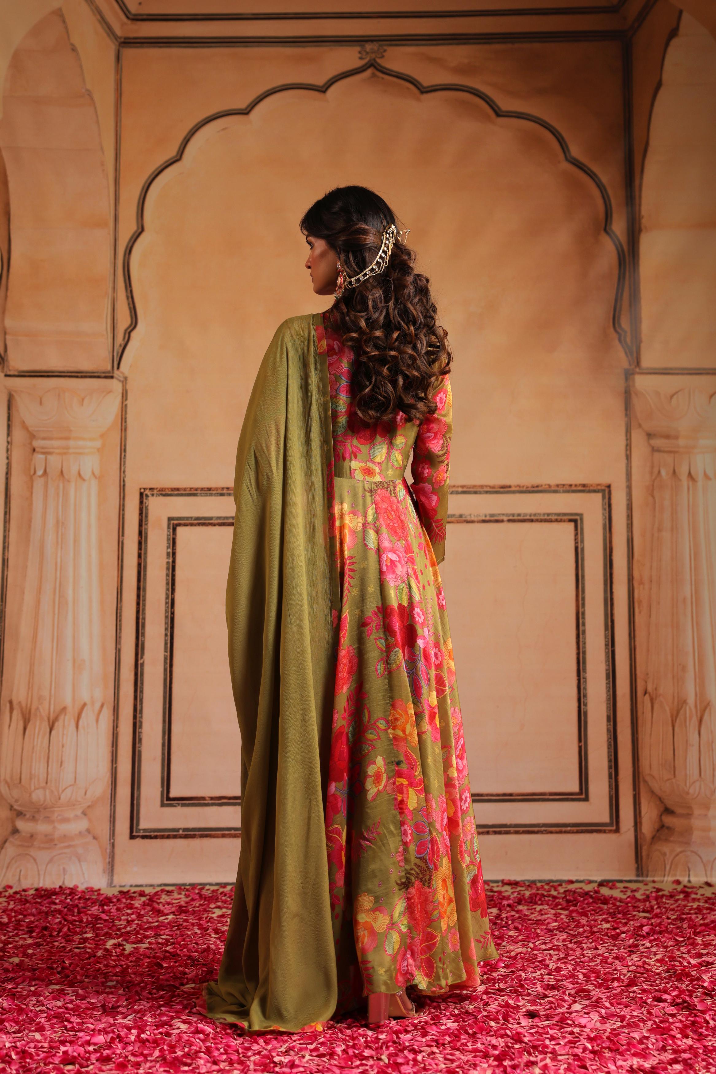Multicolor Printed Glans Organza Silk Anarkali Set