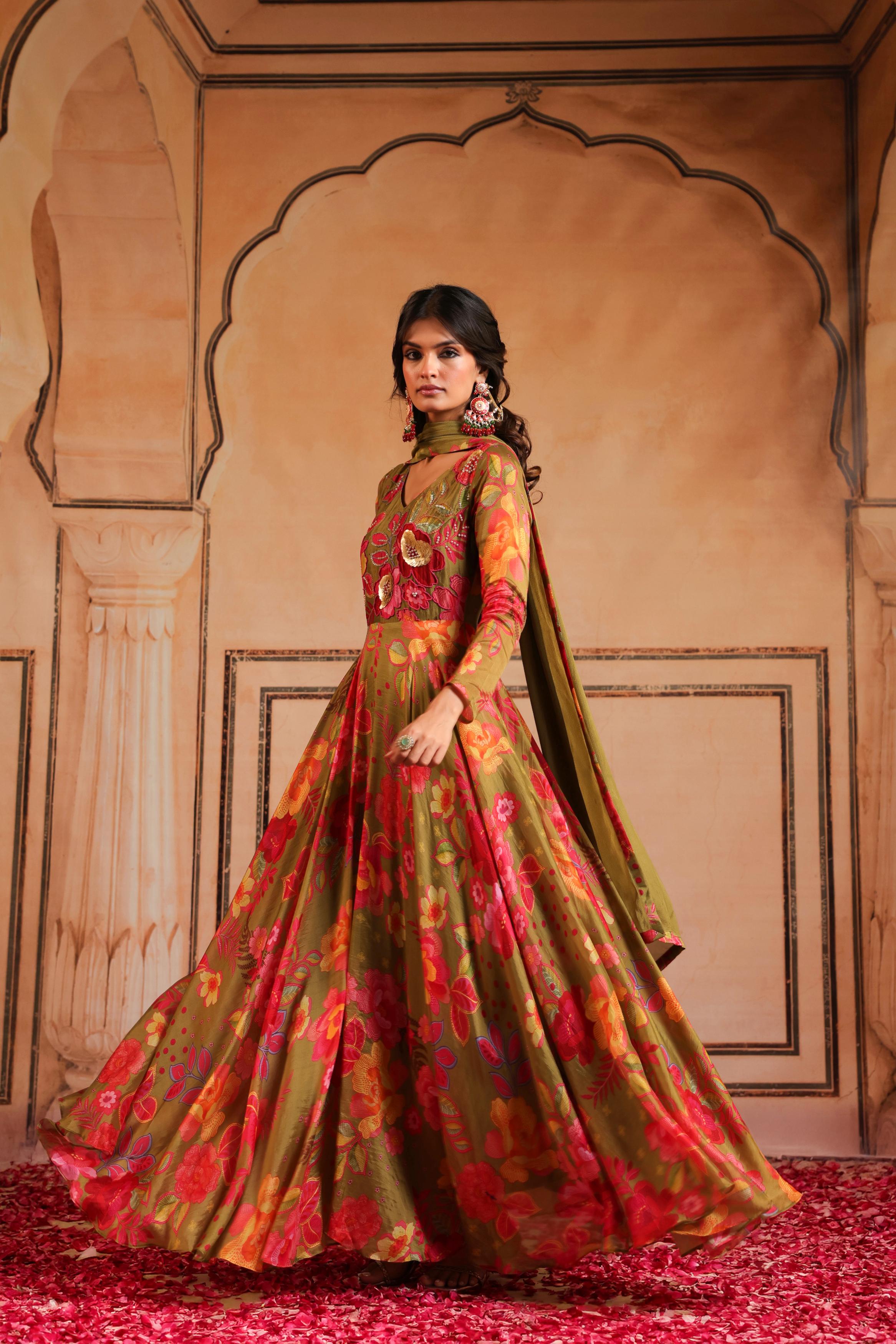 Multicolor Printed Glans Organza Silk Anarkali Set