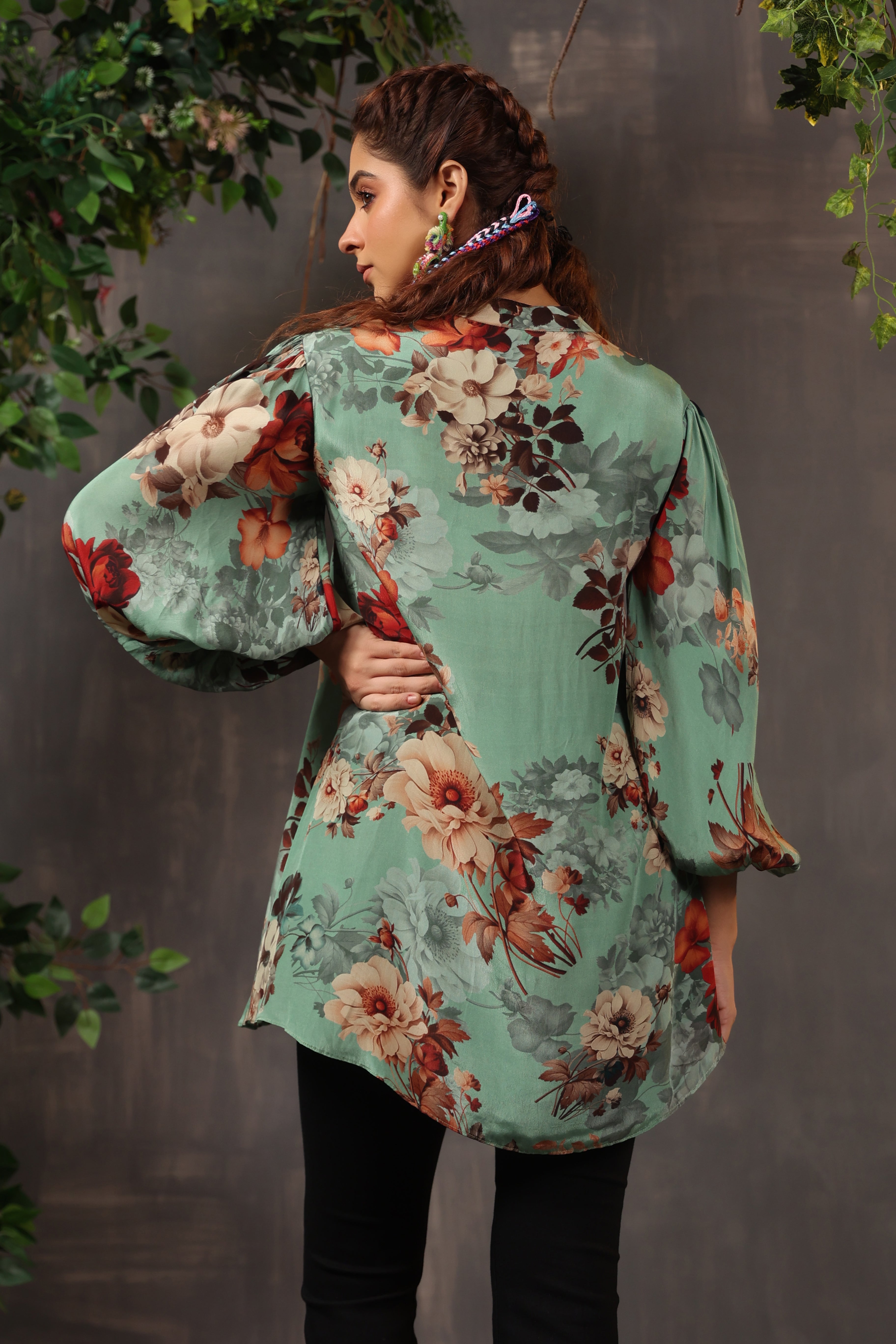 Dusty Teal Floral Printed Crepe Silk Shirt