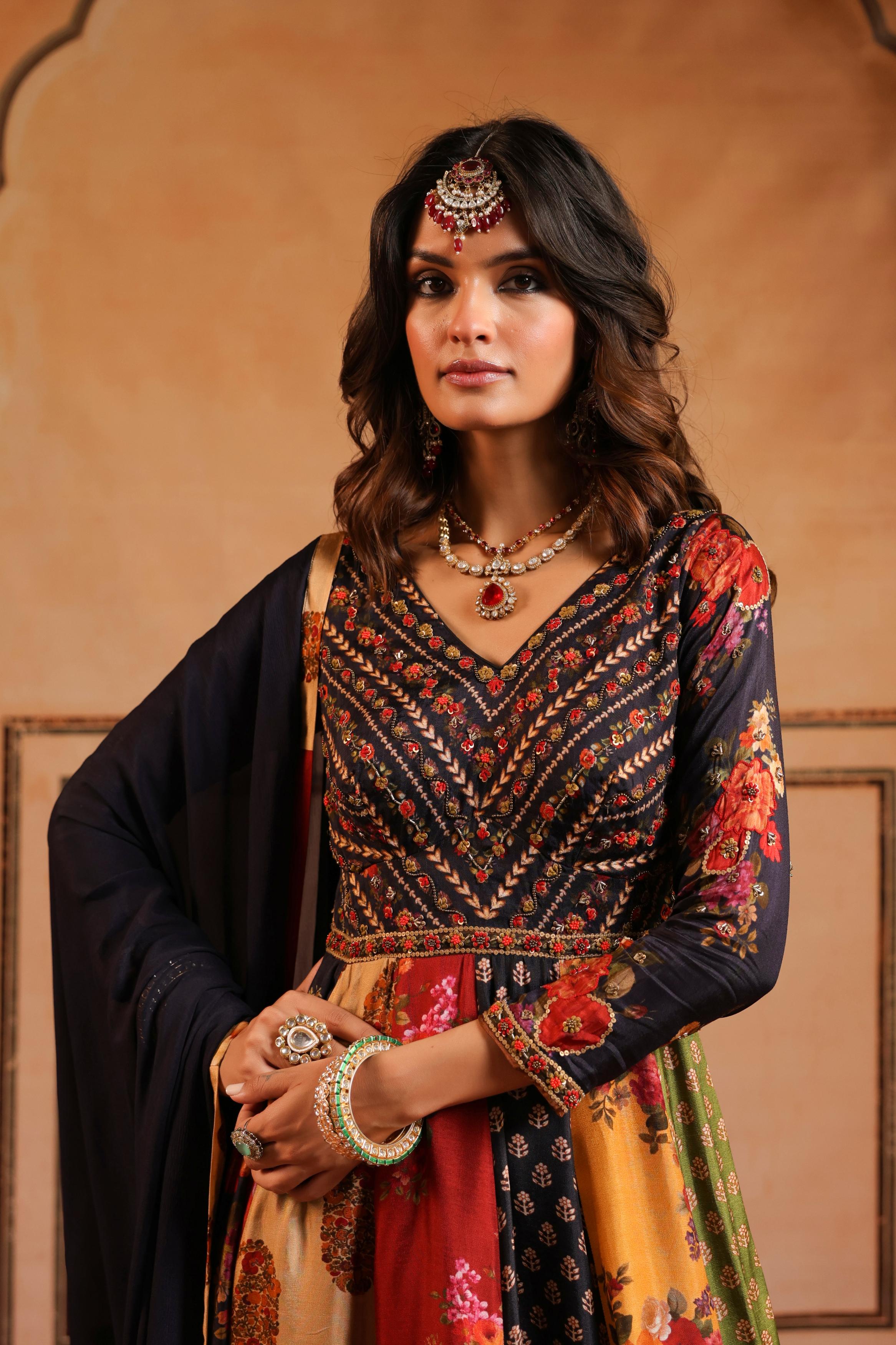 Black Printed Dola Silk Anarkali Set