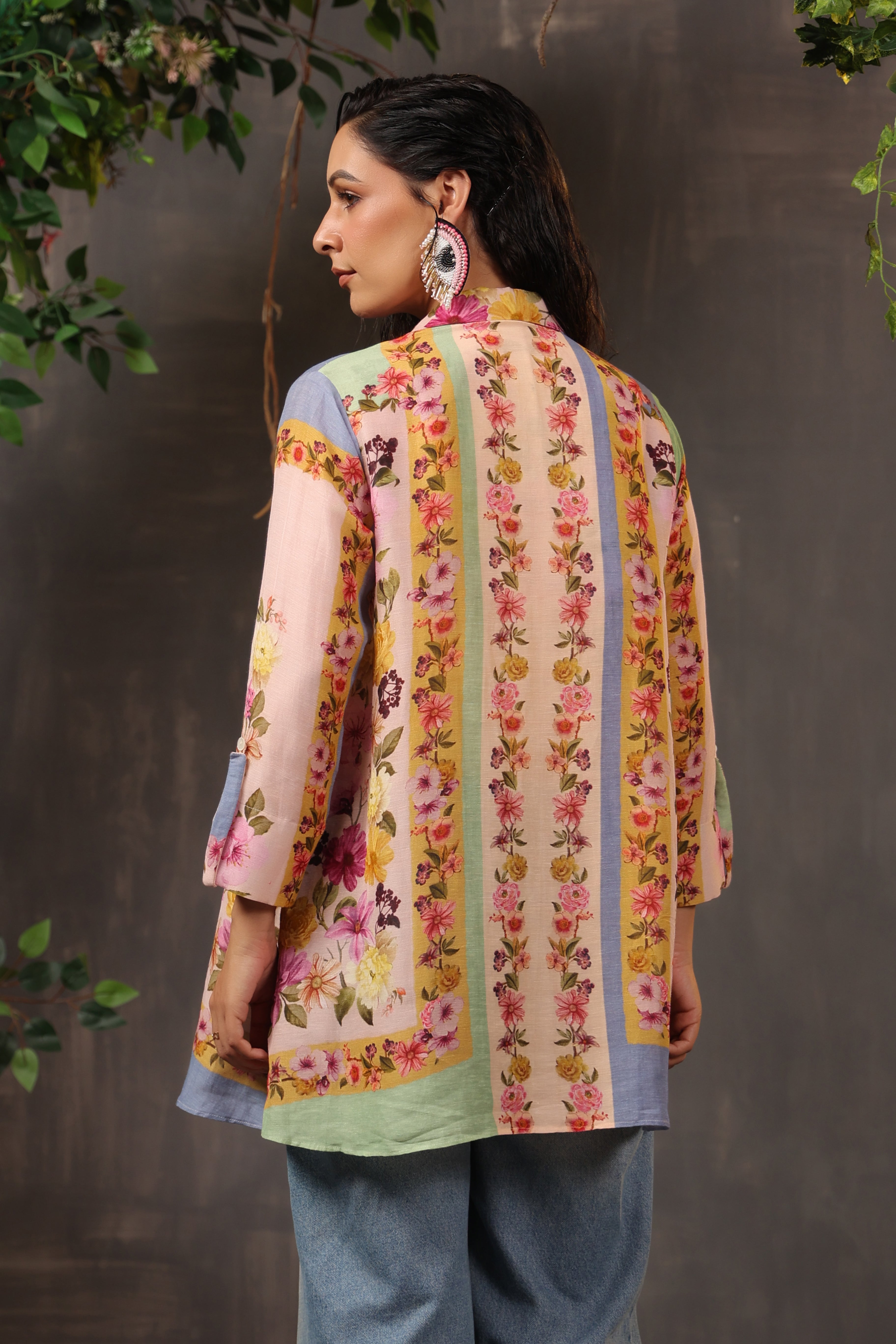 Light Peach Floral Printed Modal Linen Silk Shirt