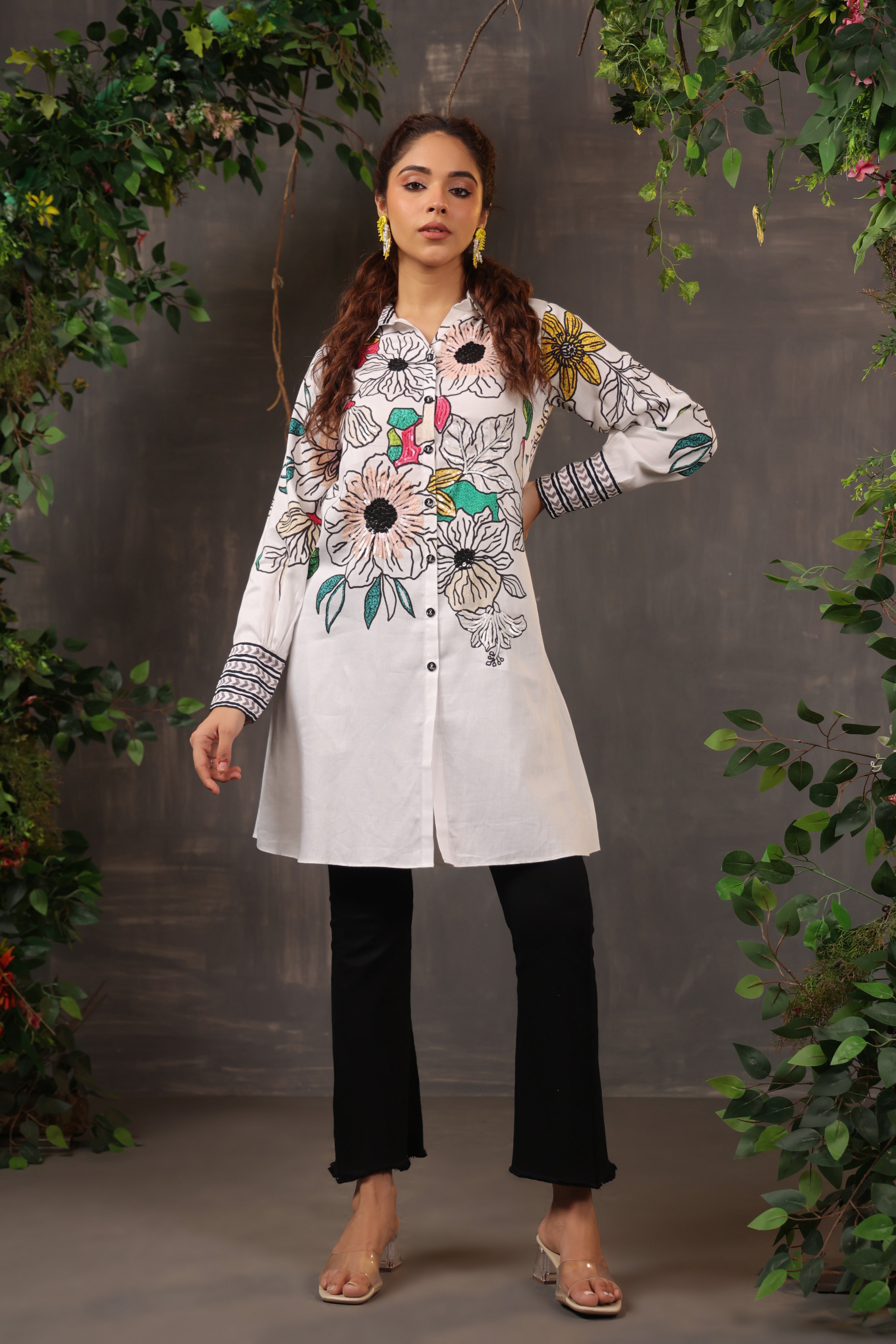 White Floral Embellished Fine Cotton Shirt