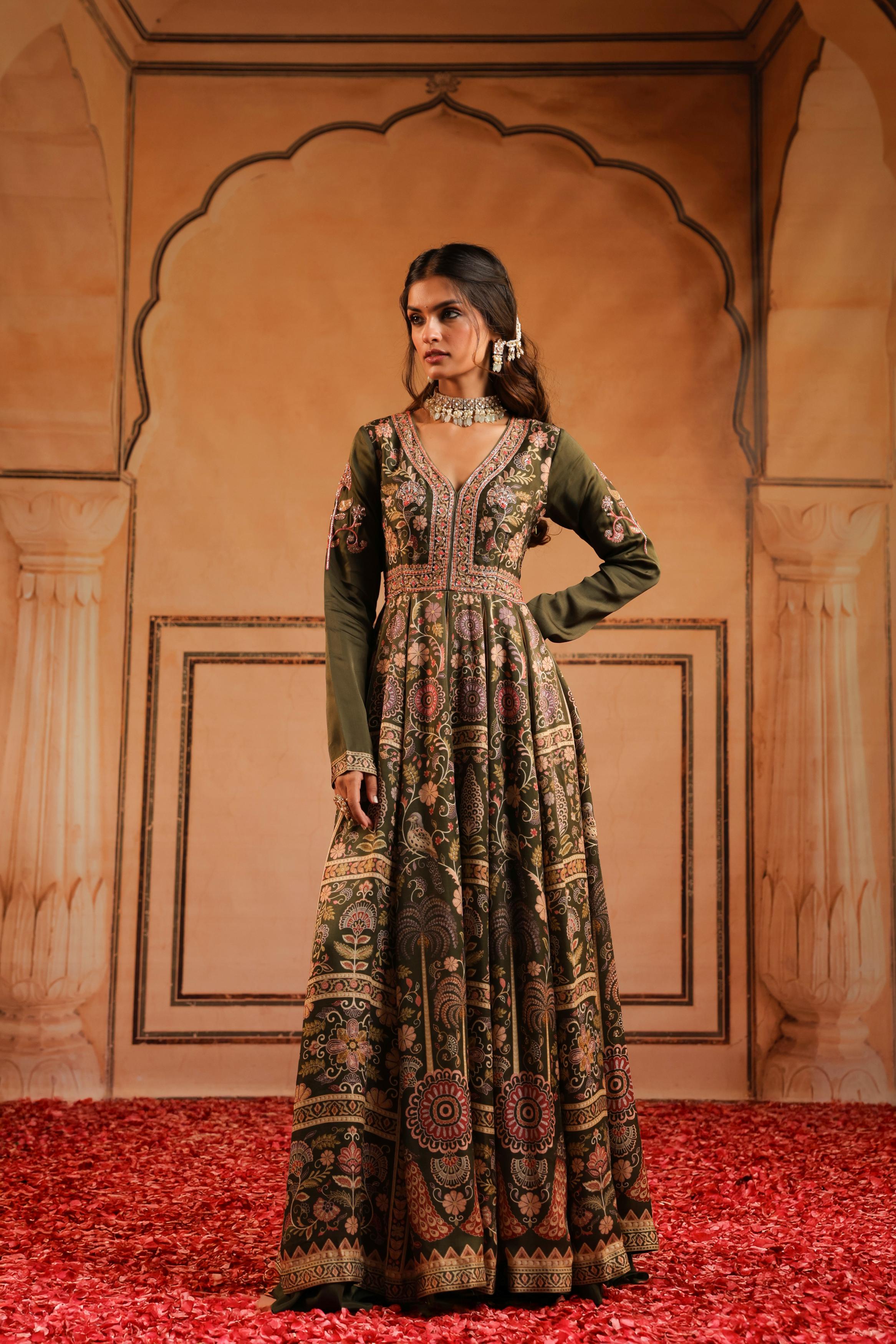 Olive Green Printed Linen Satin Silk Anarkali Set