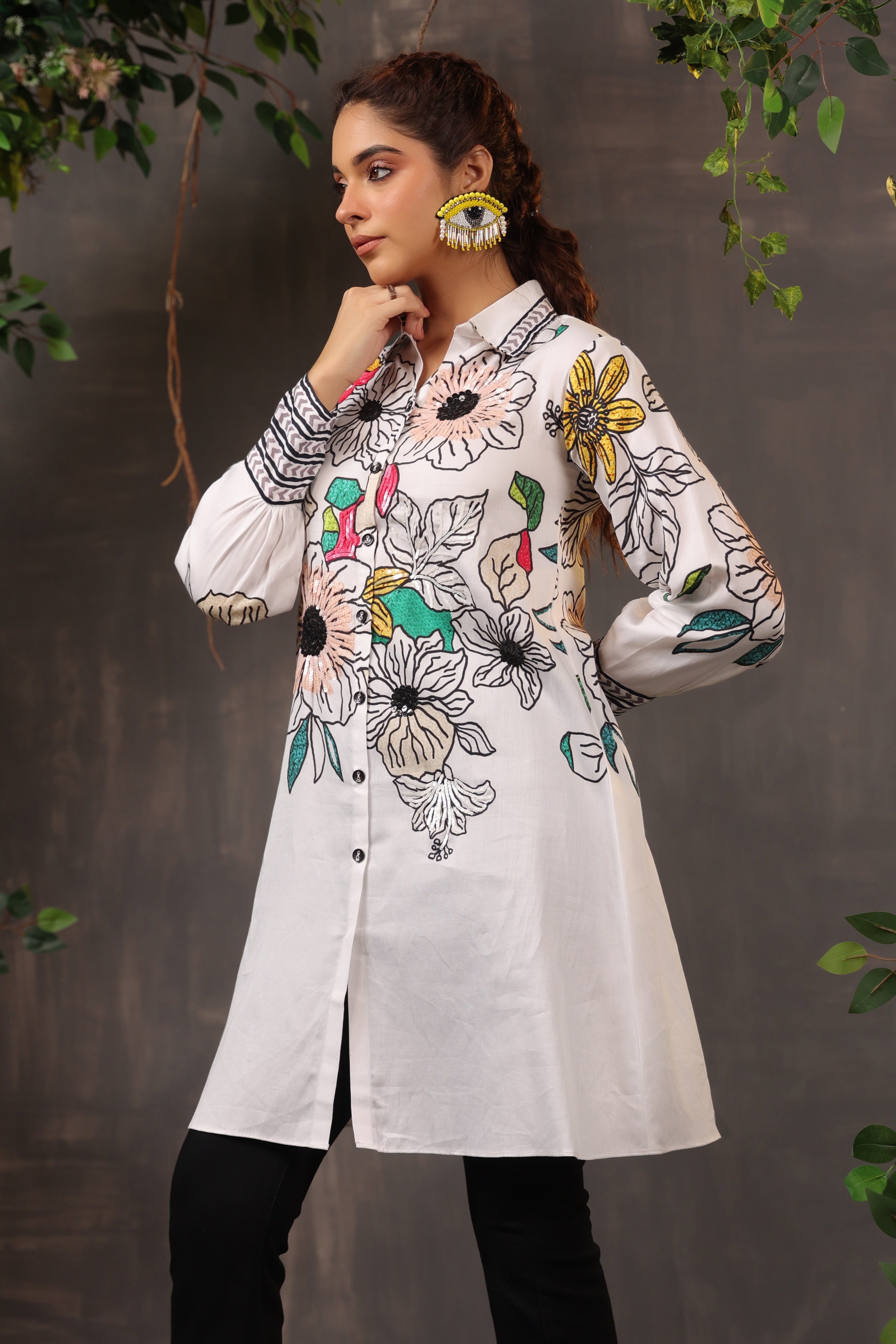 White Floral Embellished Fine Cotton Shirt