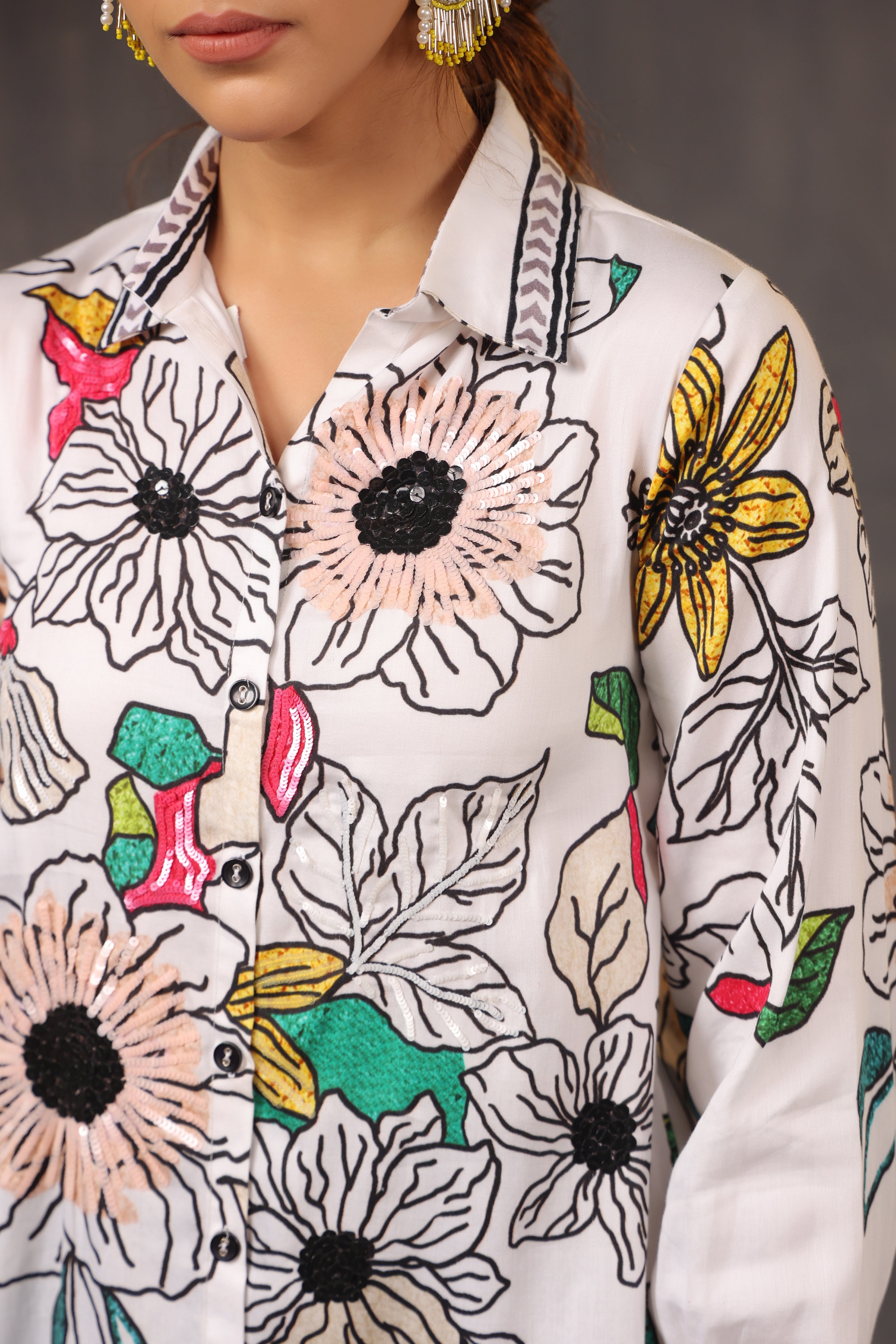 White Floral Embellished Fine Cotton Shirt