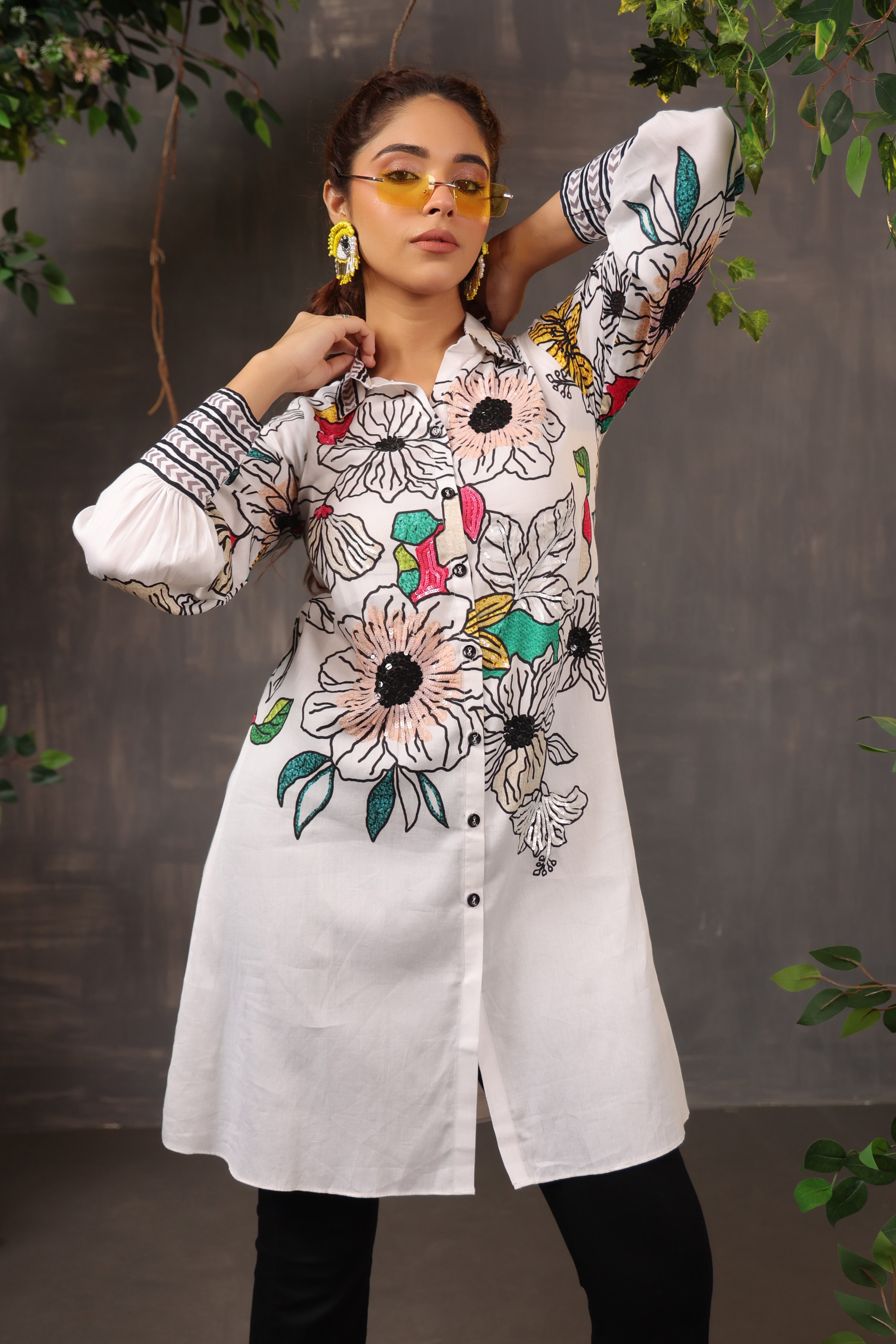 White Floral Embellished Fine Cotton Shirt