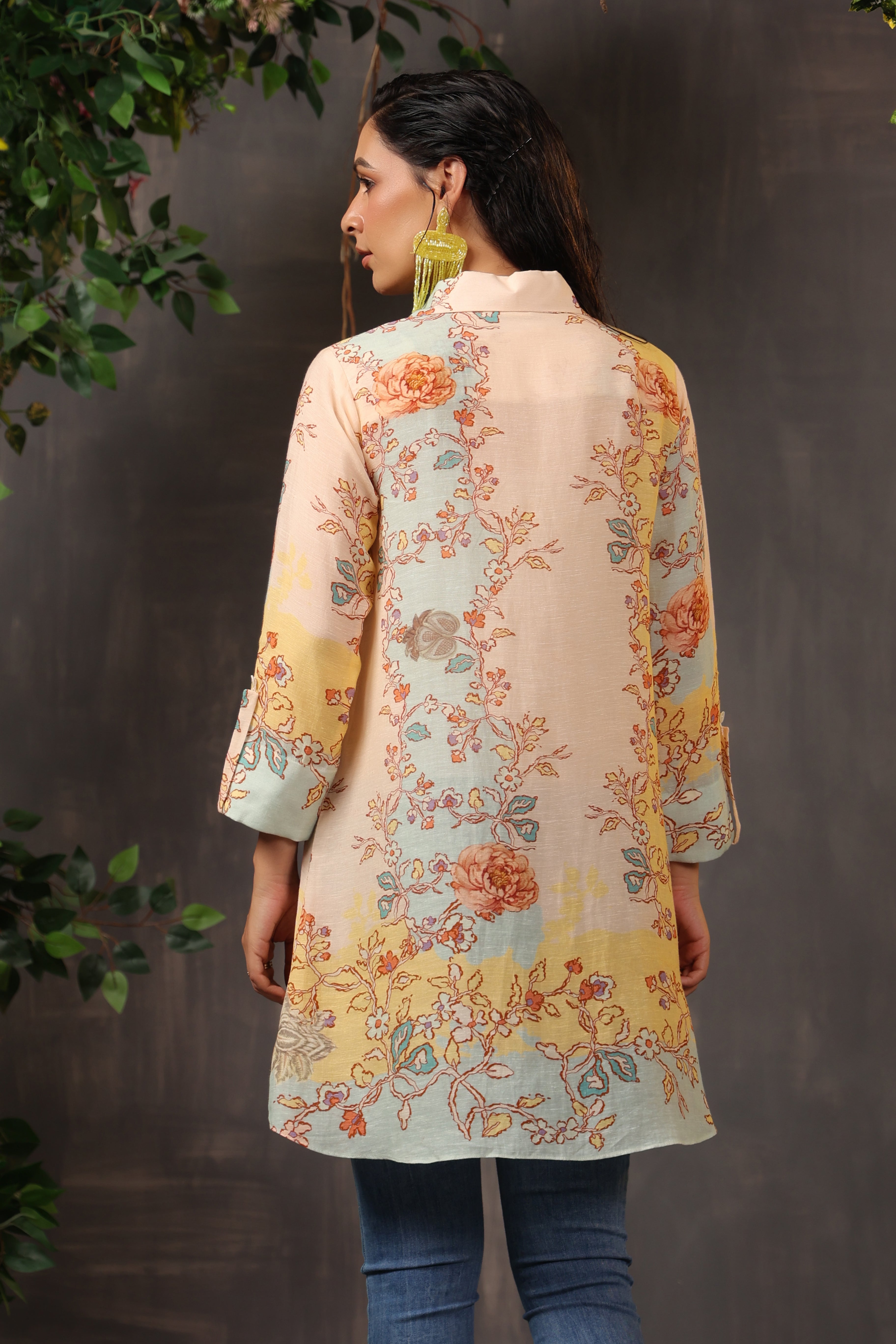 Light Peach Printed Modal Linen Silk Shirt