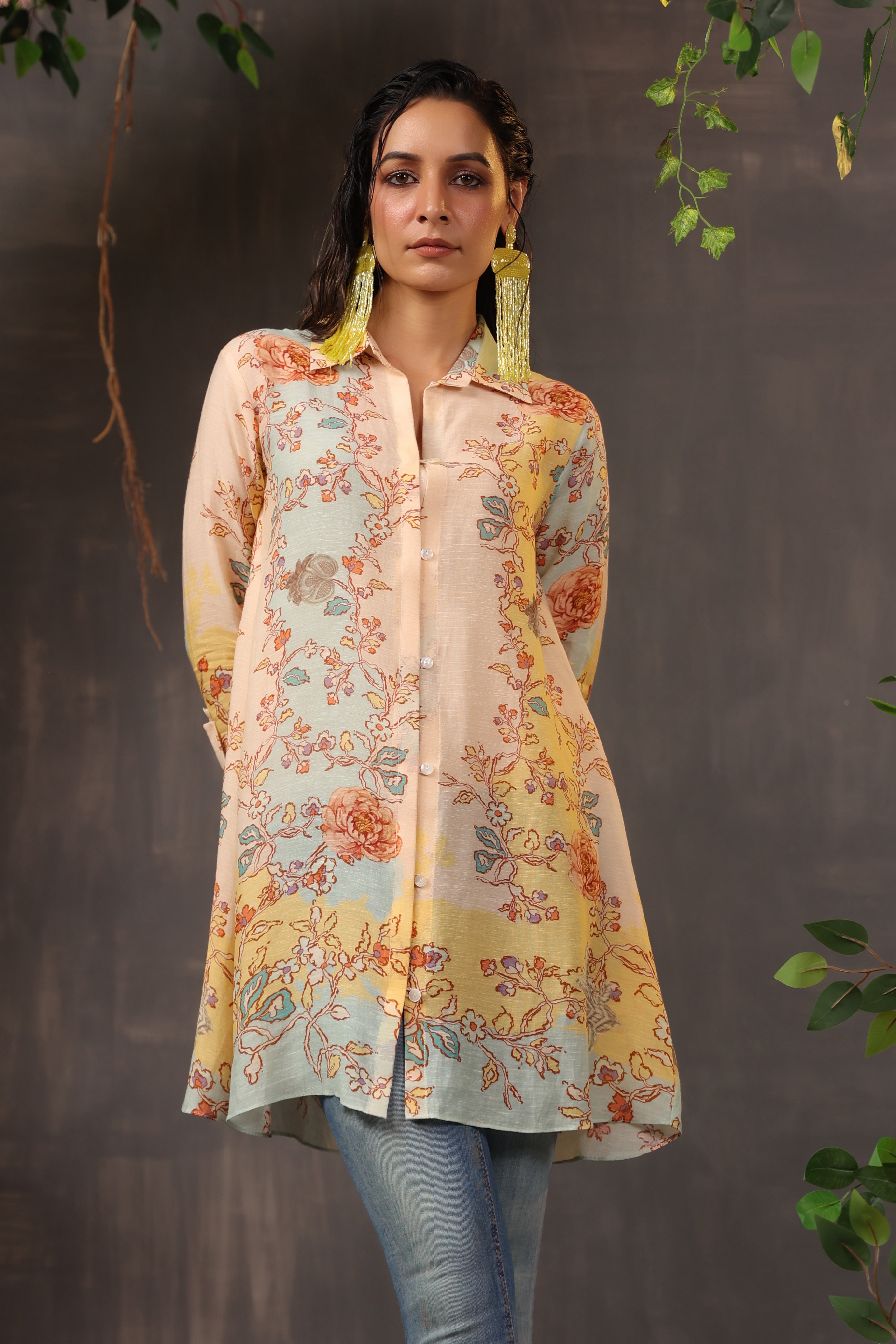 Light Peach Printed Modal Linen Silk Shirt