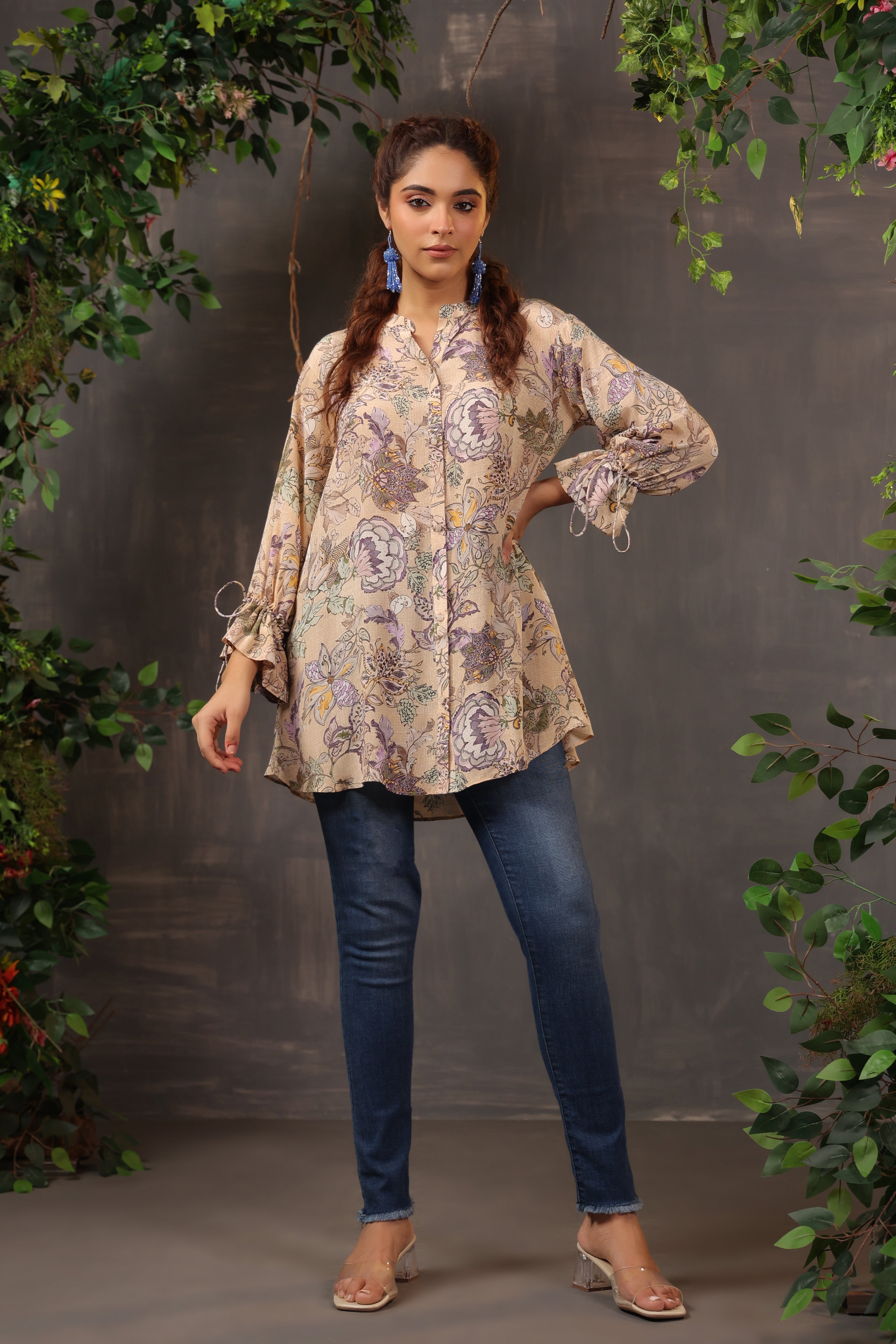 Soft Beige Printed Crepe Silk Shirt