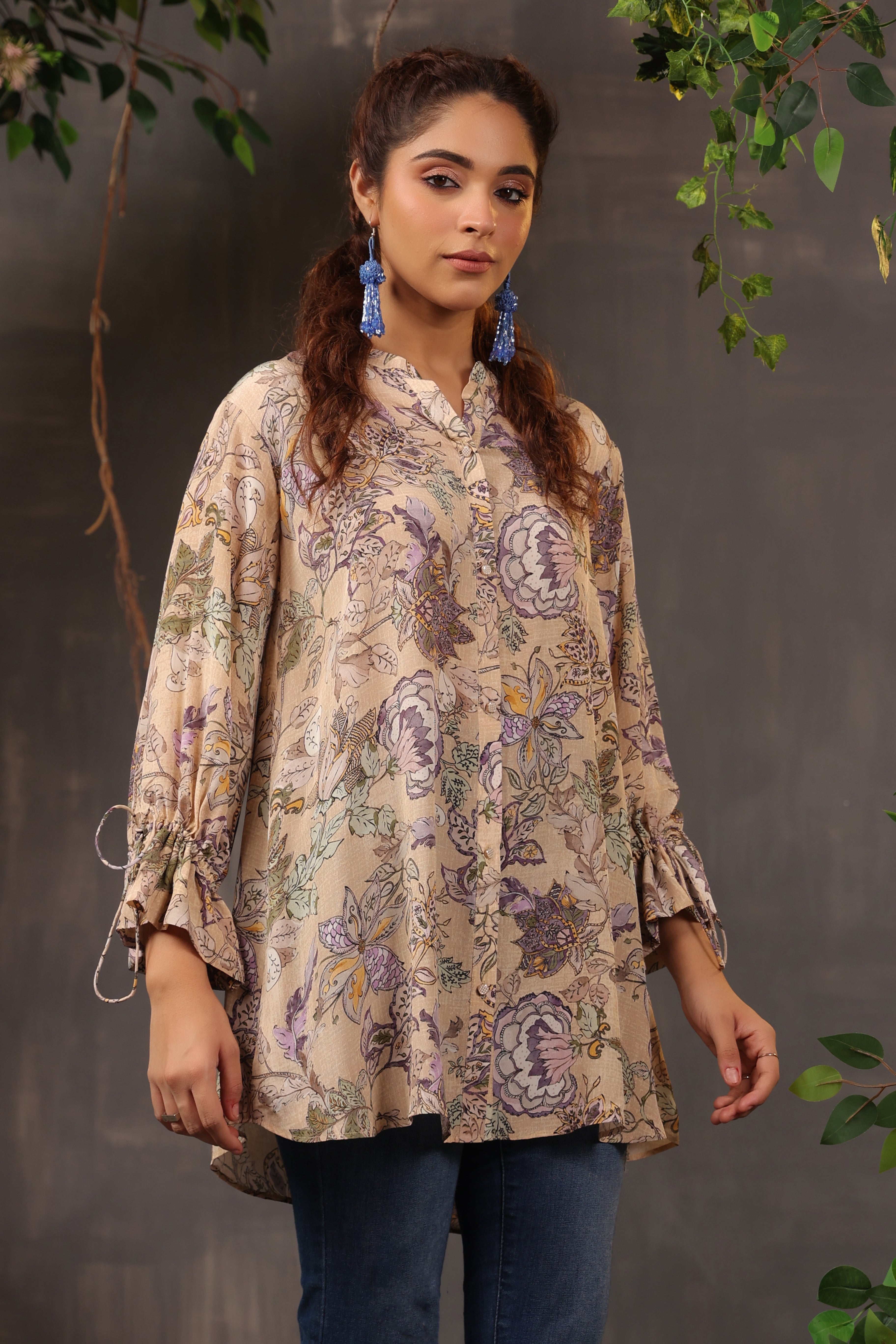 Soft Beige Printed Crepe Silk Shirt