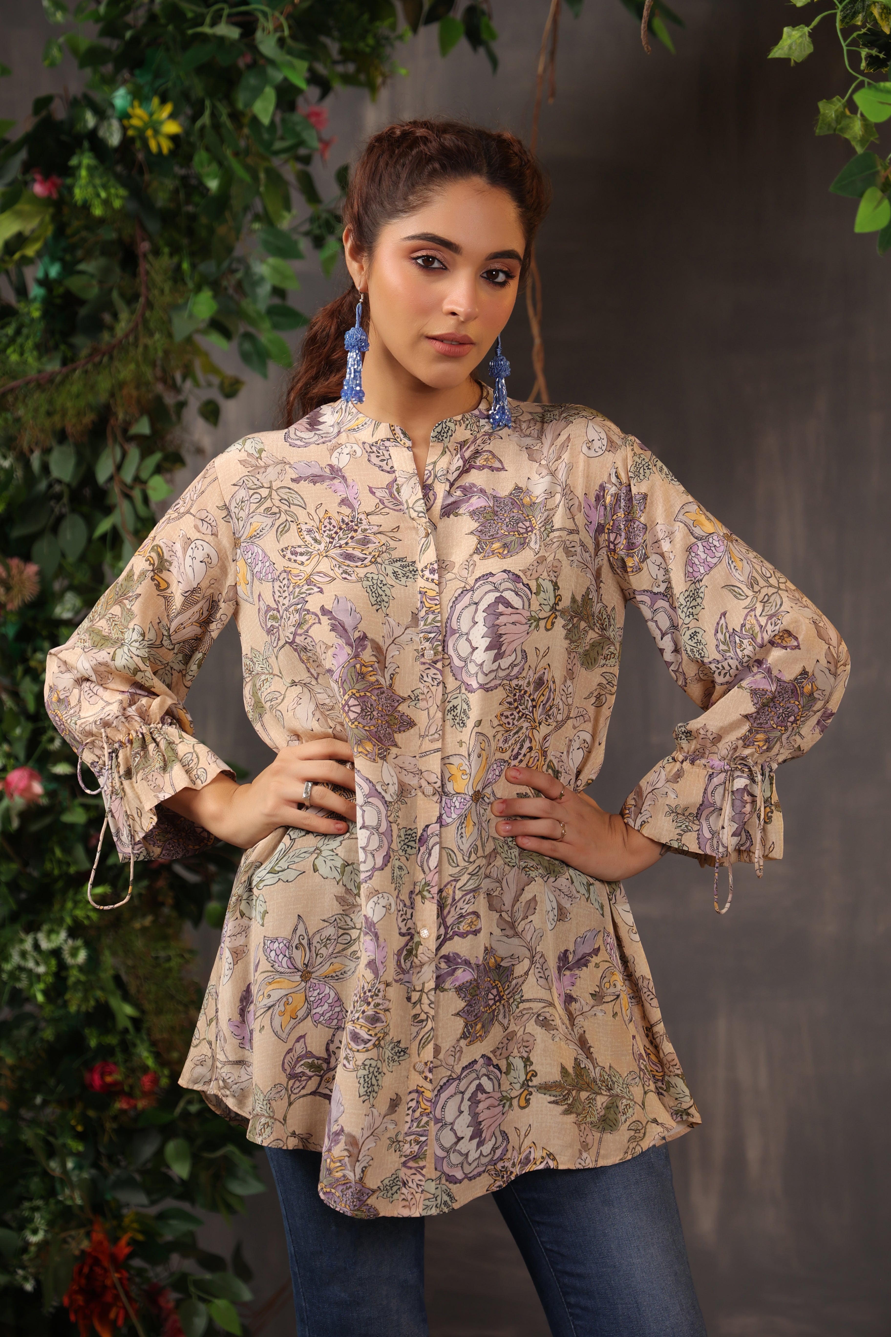 Soft Beige Printed Crepe Silk Shirt