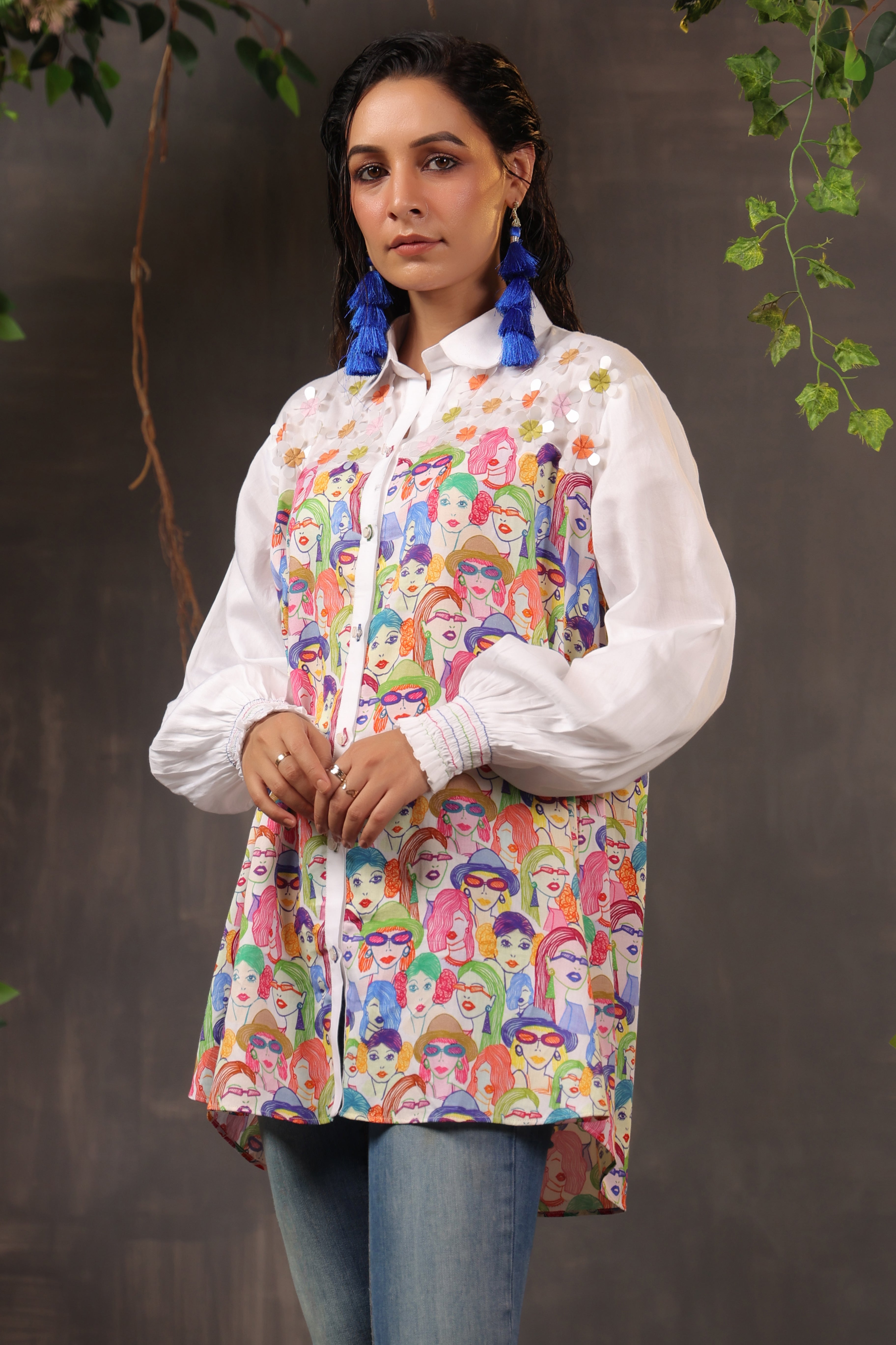 White Patchwork Embroidered Cotton Shirt